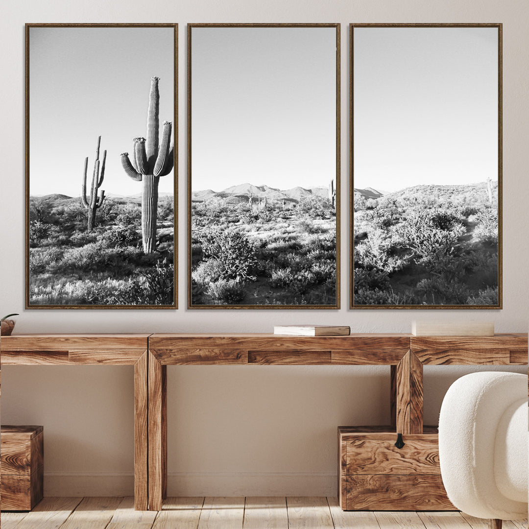 Saguaro Cactus Wall Art Canvas Print, Monochrome Landscape Print, Framed Scenic Arizona Art Print, Large Timeless Western Aesthetic Printing