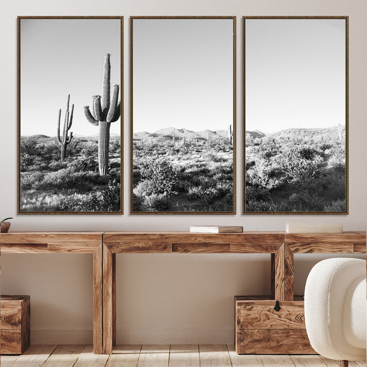 Saguaro Cactus Wall Art Canvas Print, Monochrome Landscape Print, Framed Scenic Arizona Art Print, Large Timeless Western Aesthetic Printing