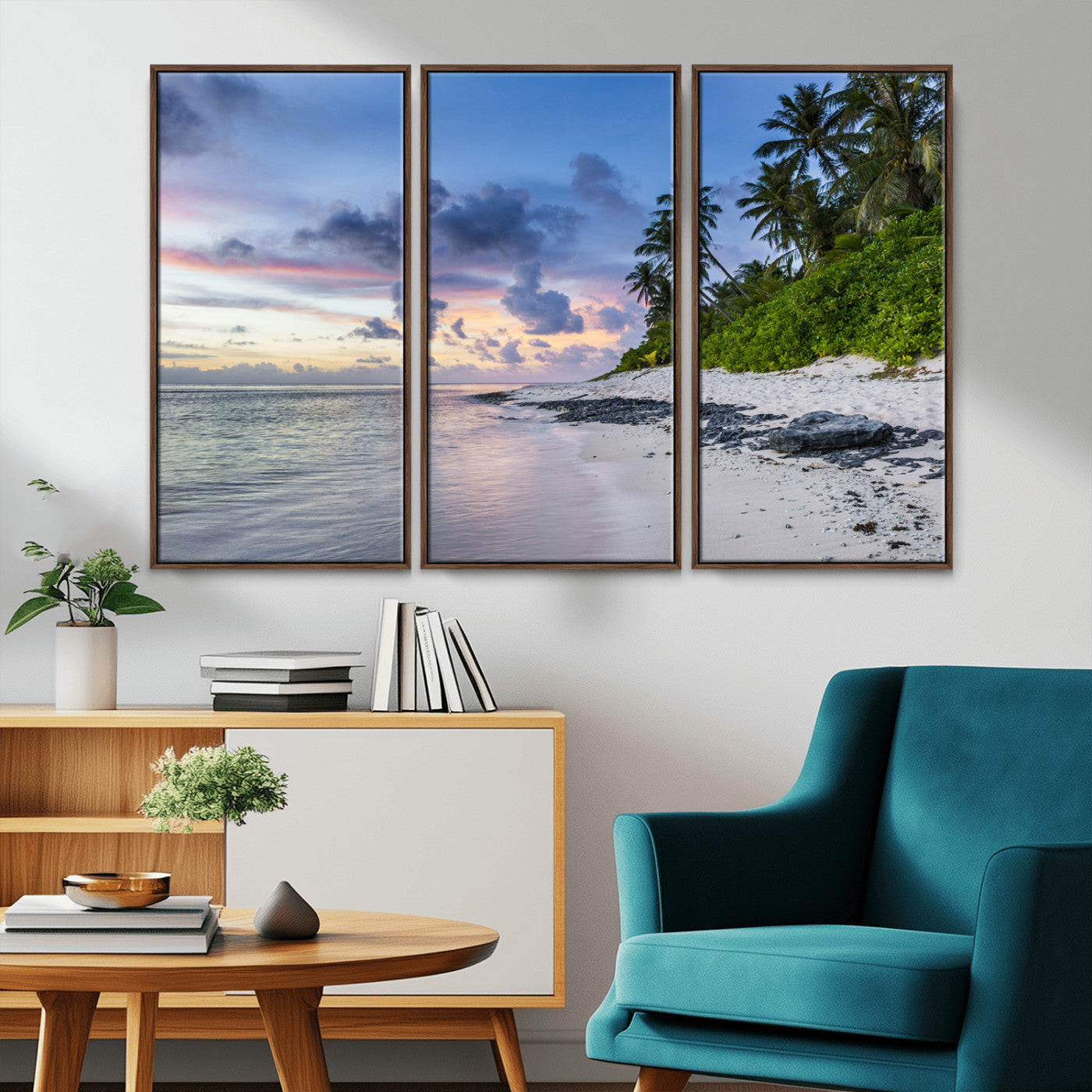 MGV-FC-48X32-3P - Tropical Beach Wall Art Canvas Print, Framed Sunset Glow Art Picture Print, Palm Tree Coast Perfect Tropical Coastal Decor Artwork
