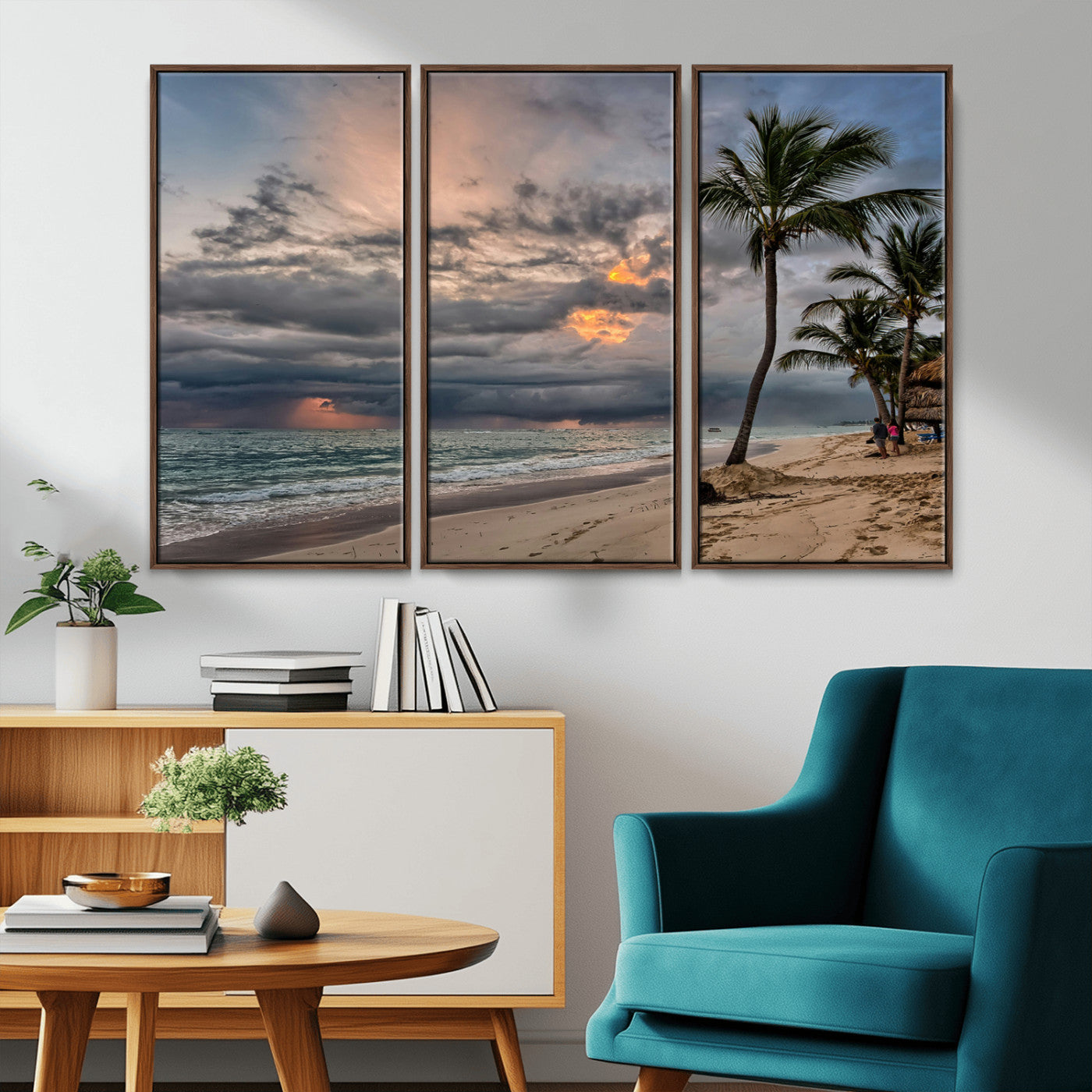 MGV-FC-48X32-3P - Tropical Storm Wall Art Canvas Print, Framed Moody Beach Art Picture Print, Dramatic Sky Perfect Tropical Coastal Decor Artwork