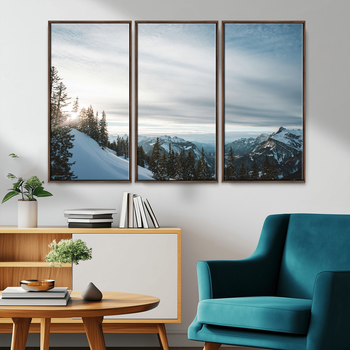 MGV-FC-48X32-3P - Snowy Mountains Wall Art Canvas Print, Framed Alpine Landscape Art Picture Print, Frosty Peaks Perfect Nordic Minimalist Decor Artwork
