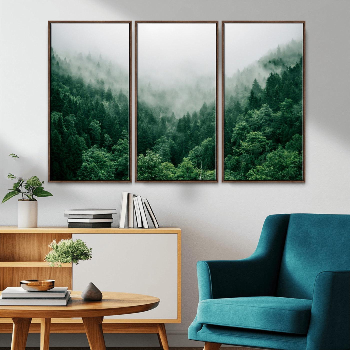 MGV-FC-48X32-3P - Misty Green Forest Canvas Print – Serene Foggy Pine Landscape Wall Art, Tranquil Nature Decor for