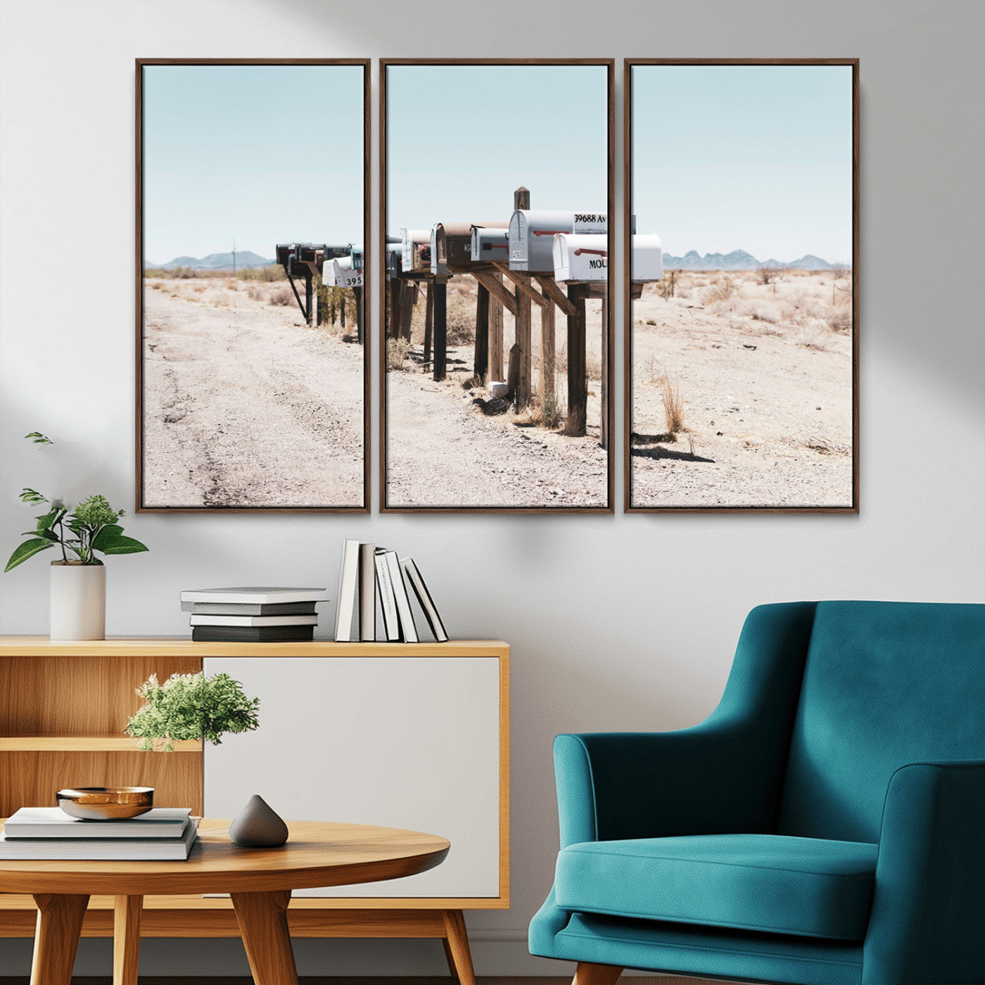 MGV-FC-48X32-3P - Desert Mailboxes Canvas Print – Minimal Western Landscape Photography, Rustic Americana Wall Art for