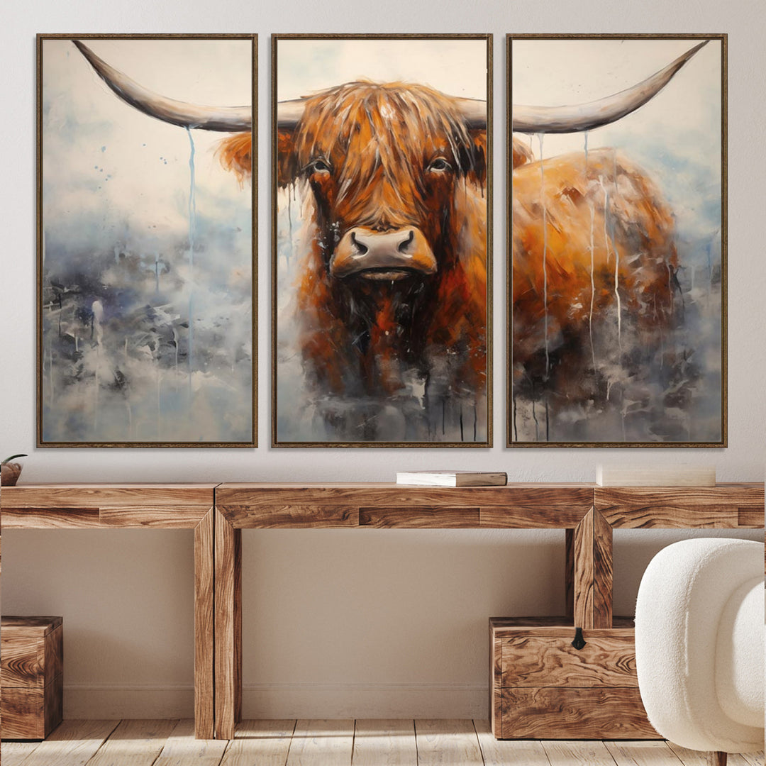 Scottish Highland Wall Art Canvas Print, Framed Longhorn Art Picture Print, Western Cow Perfect Farmhouse Decor Artwork