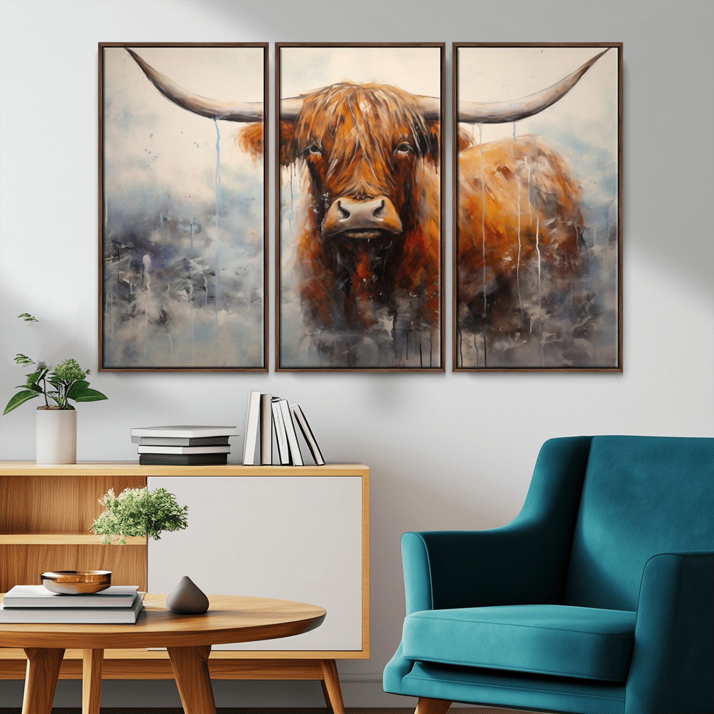 MGV-FC-48X32-3P - Scottish Highland Wall Art Canvas Print, Framed Longhorn Art Picture Print, Western Cow Perfect Farmhouse Decor Artwork