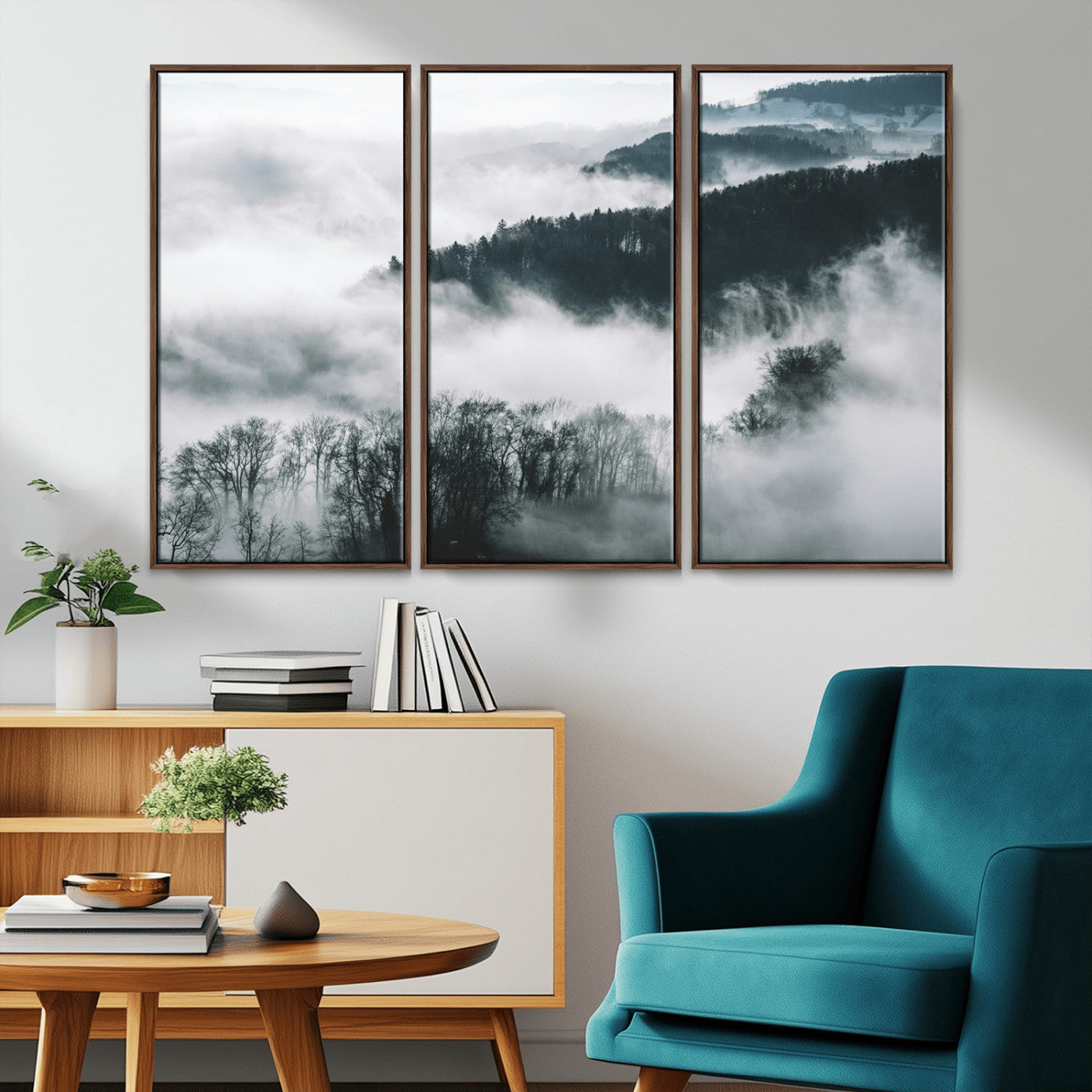 67569654-MGV-FC-60X40-3P_Walnut-Foggy Forest Landscape Wall Art Canvas Print – Misty Mountain Valley Scene in Monochrome Tones, Perfect for Minimalist or Nordic Home Decor