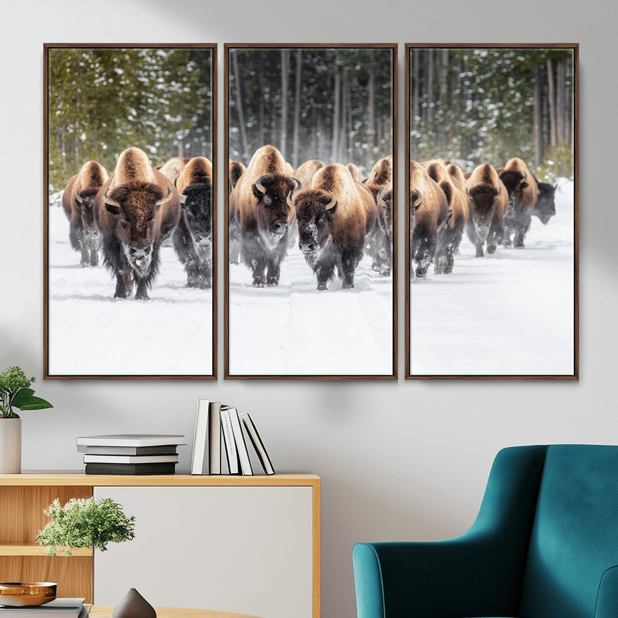 96906195-MGV-FC-48X32-3P - American Bison Herd Snow Canvas Wall Art – Powerful Winter Wildlife Print of Buffalo Motion, Rustic Lodge or Western Cabin Decor for Living Room, Office