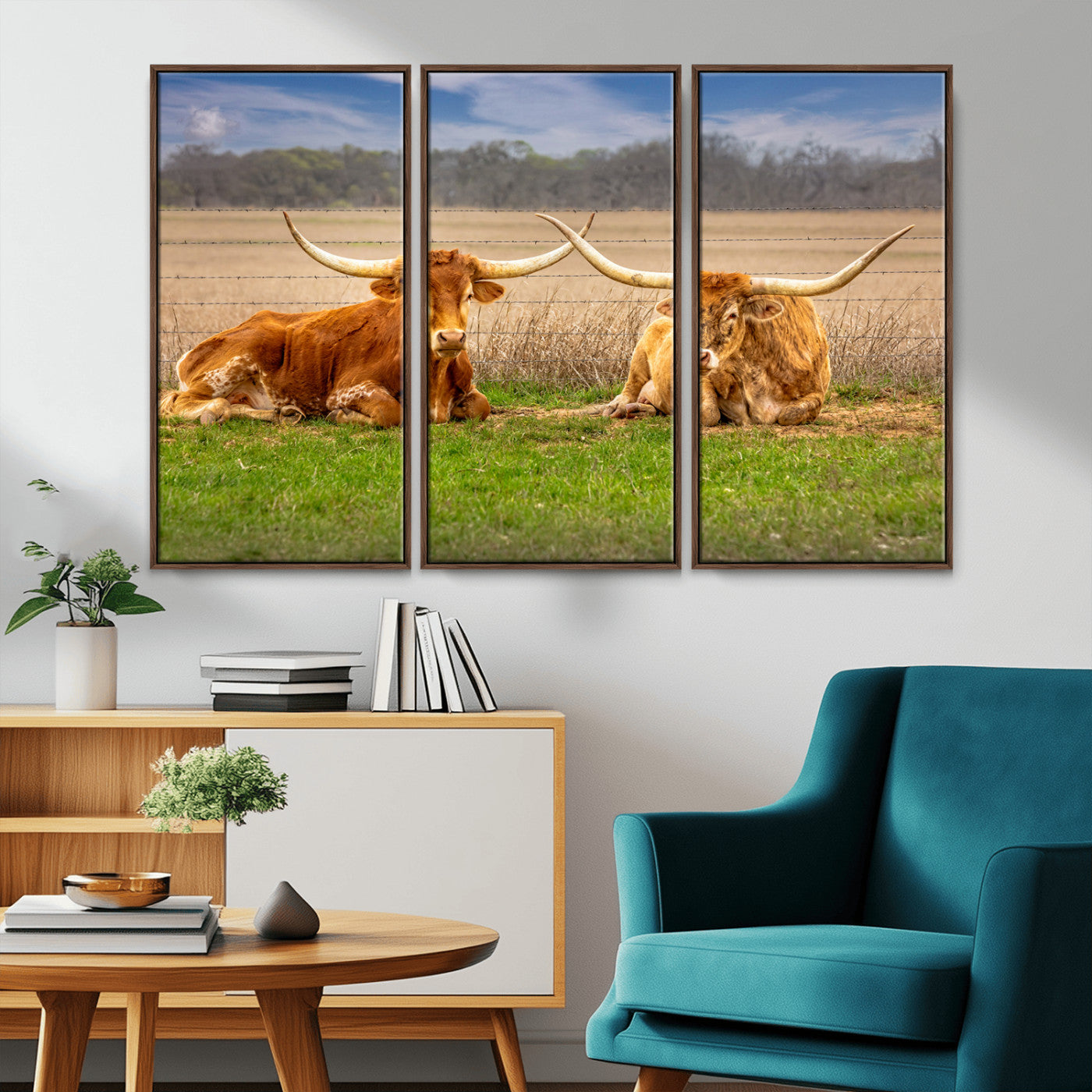 54598515-MGV-CV-36X24-Texas Longhorn Pair Wall Art Canvas Print – Peaceful Rustic Ranch Scene with Two Cattle in Field, Perfect for Western Farmhouse Home Decor