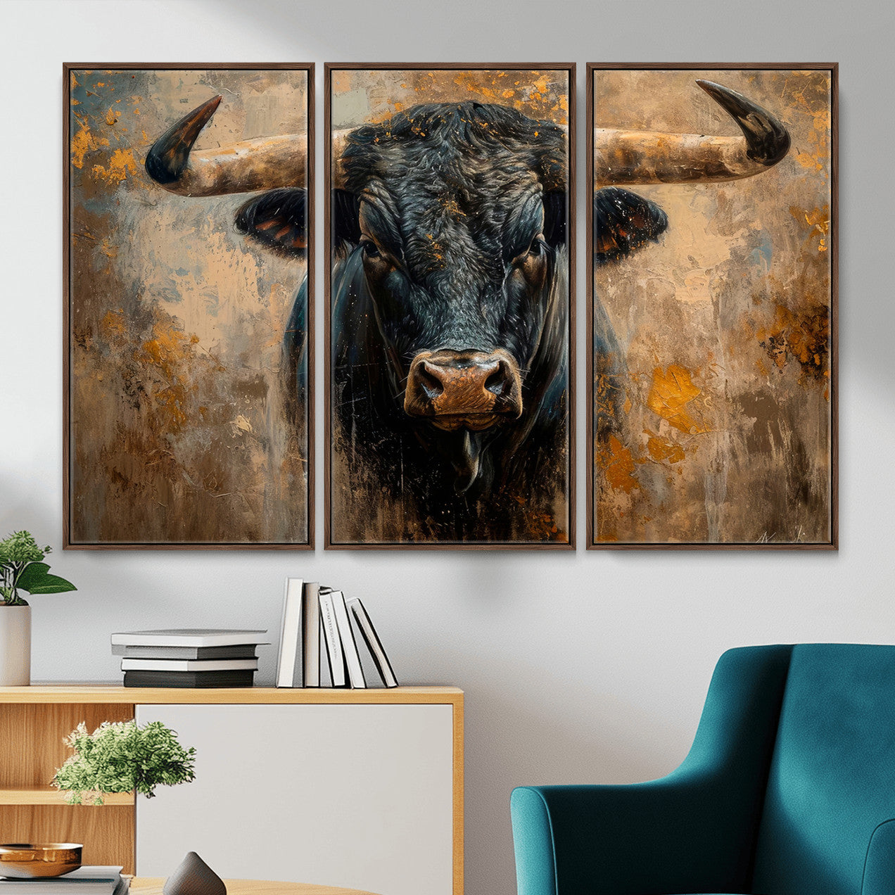 91615410-MGV-CV-36X24 - Abstract Texas Longhorn Bull Wall Art – Rustic Farmhouse Canvas Print, Western Cabin Style Decor, Large Animal Artwork for Living Room or Office