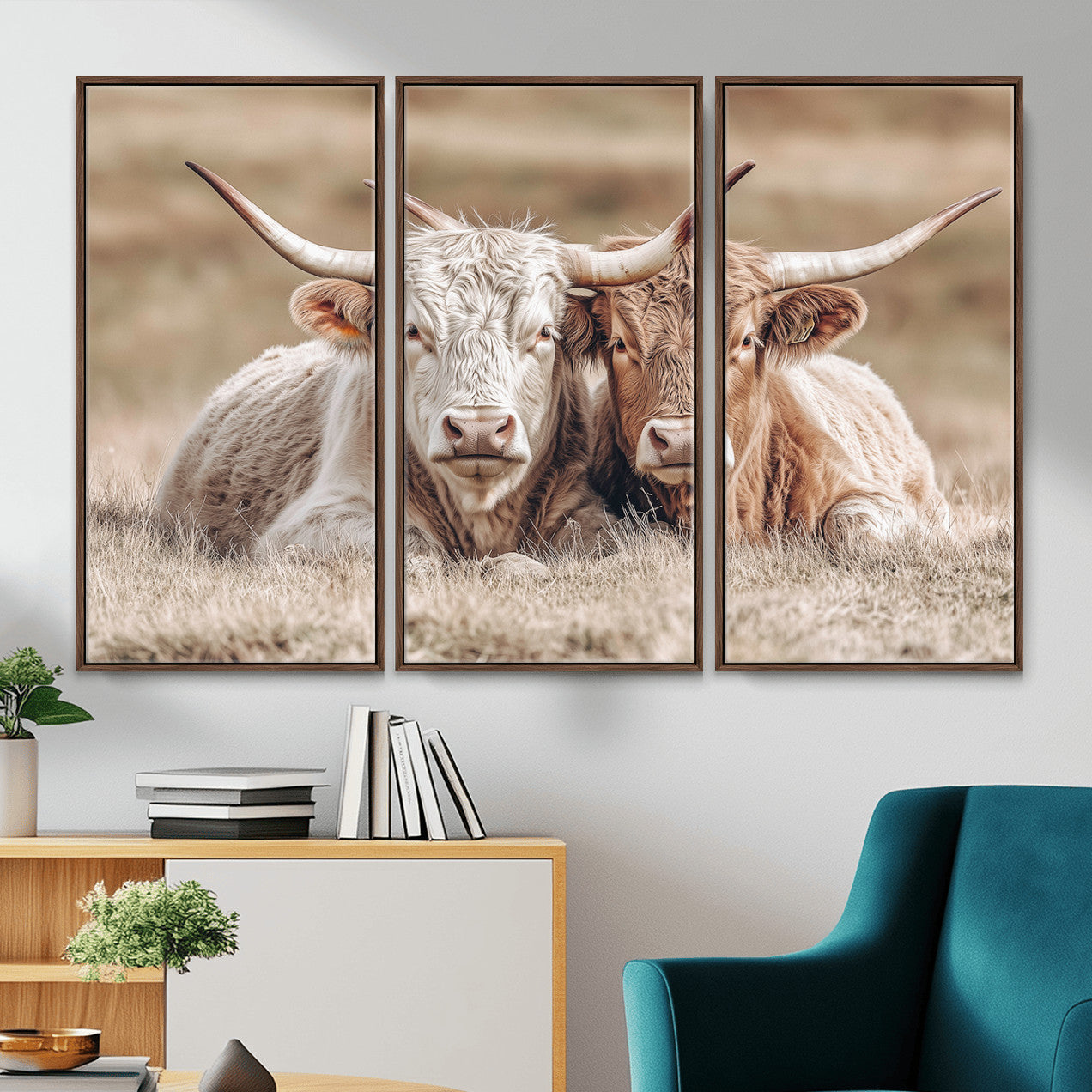 38651722-MGV-CV-36X24 - Highland Cows Meadow Canvas Wall Art – Peaceful Cow Photography Print, Rustic Farmhouse Animal Decor for Country Home, Living Room, Office