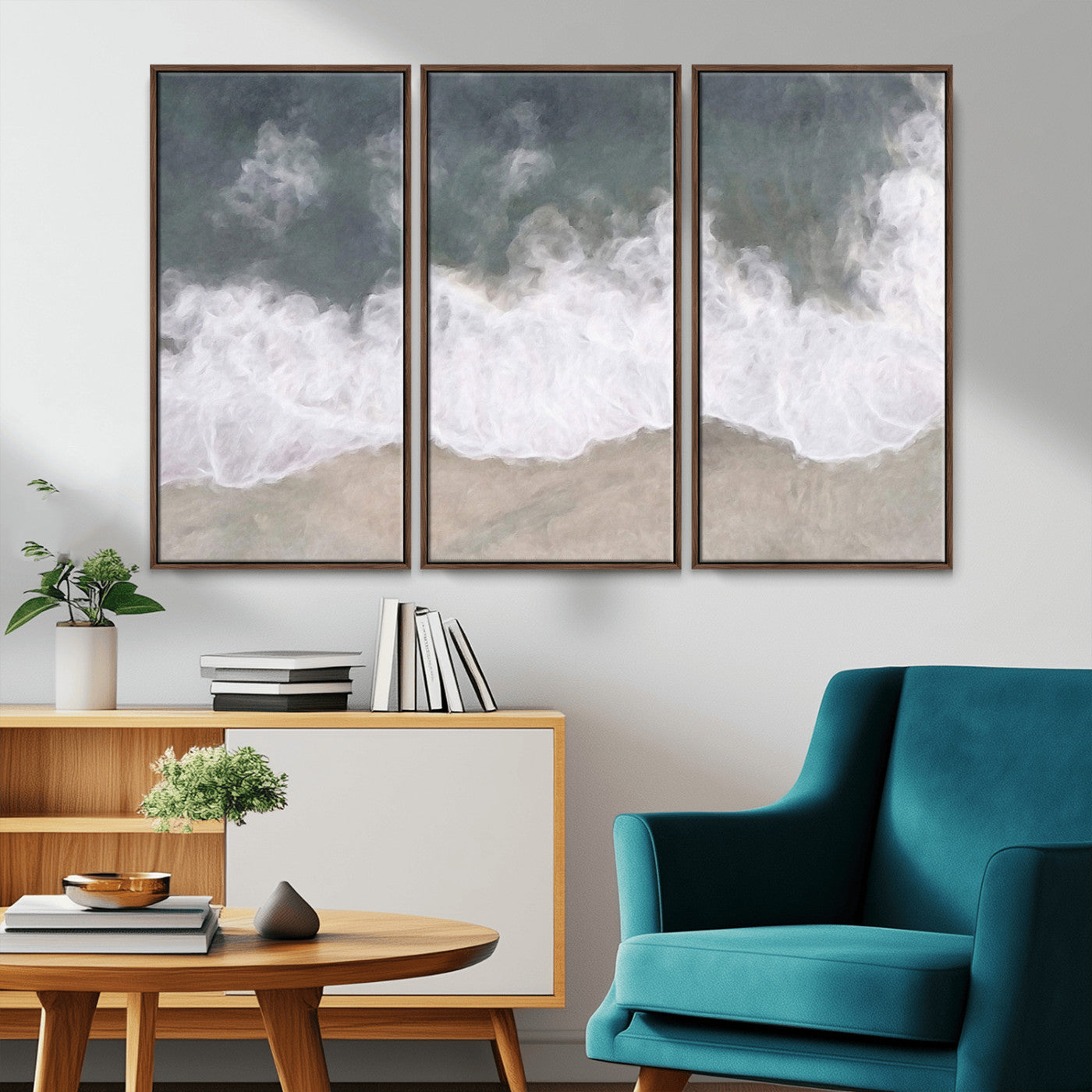 Wall art canvas print featuring foamy ocean waves softly rolling onto a sandy shore with a dreamy, painterly texture.