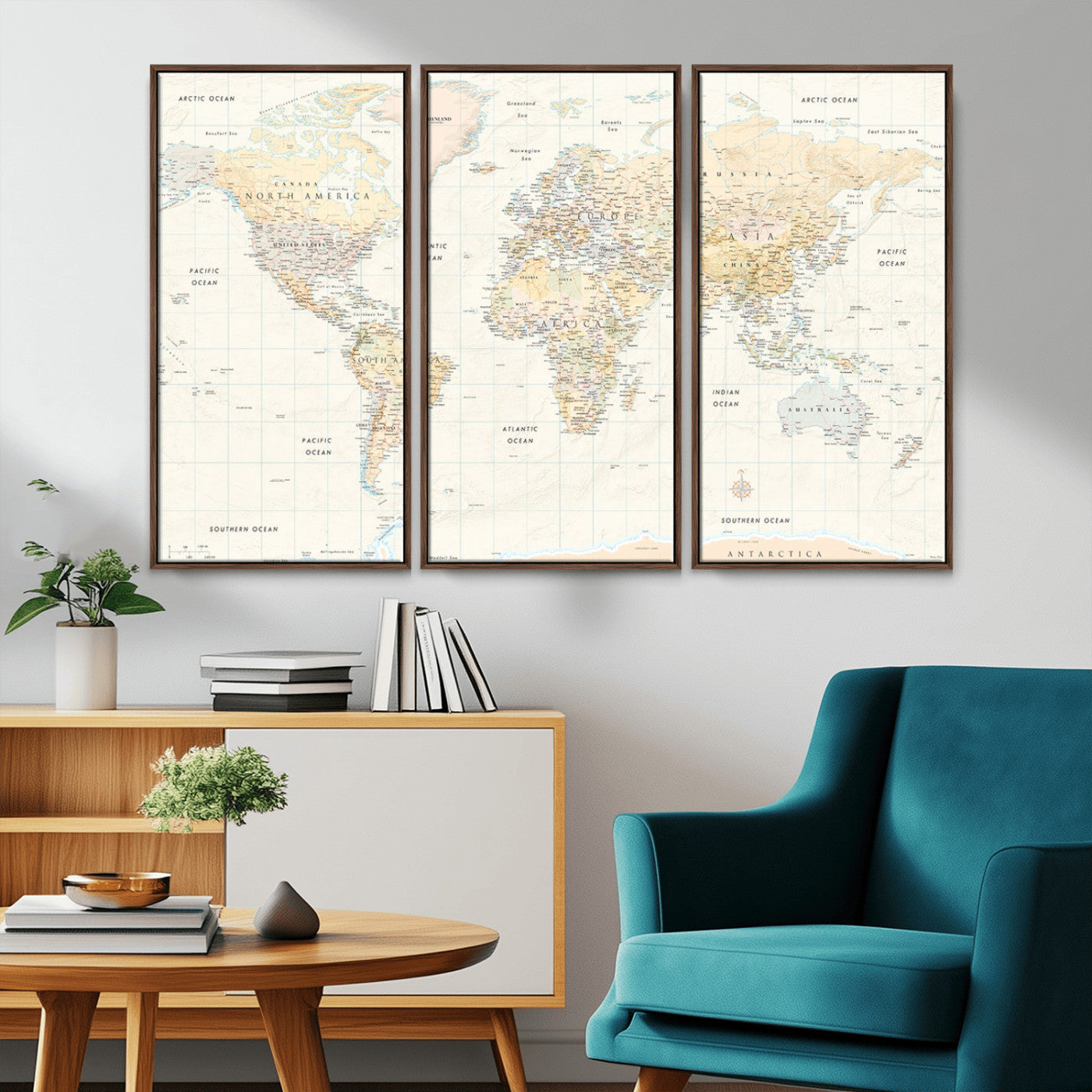An antique-style world map showing continents, countries, and oceans with soft beige tones, detailed borders, and classic typography, enhanced by a subtle grid overlay and a vintage compass rose.