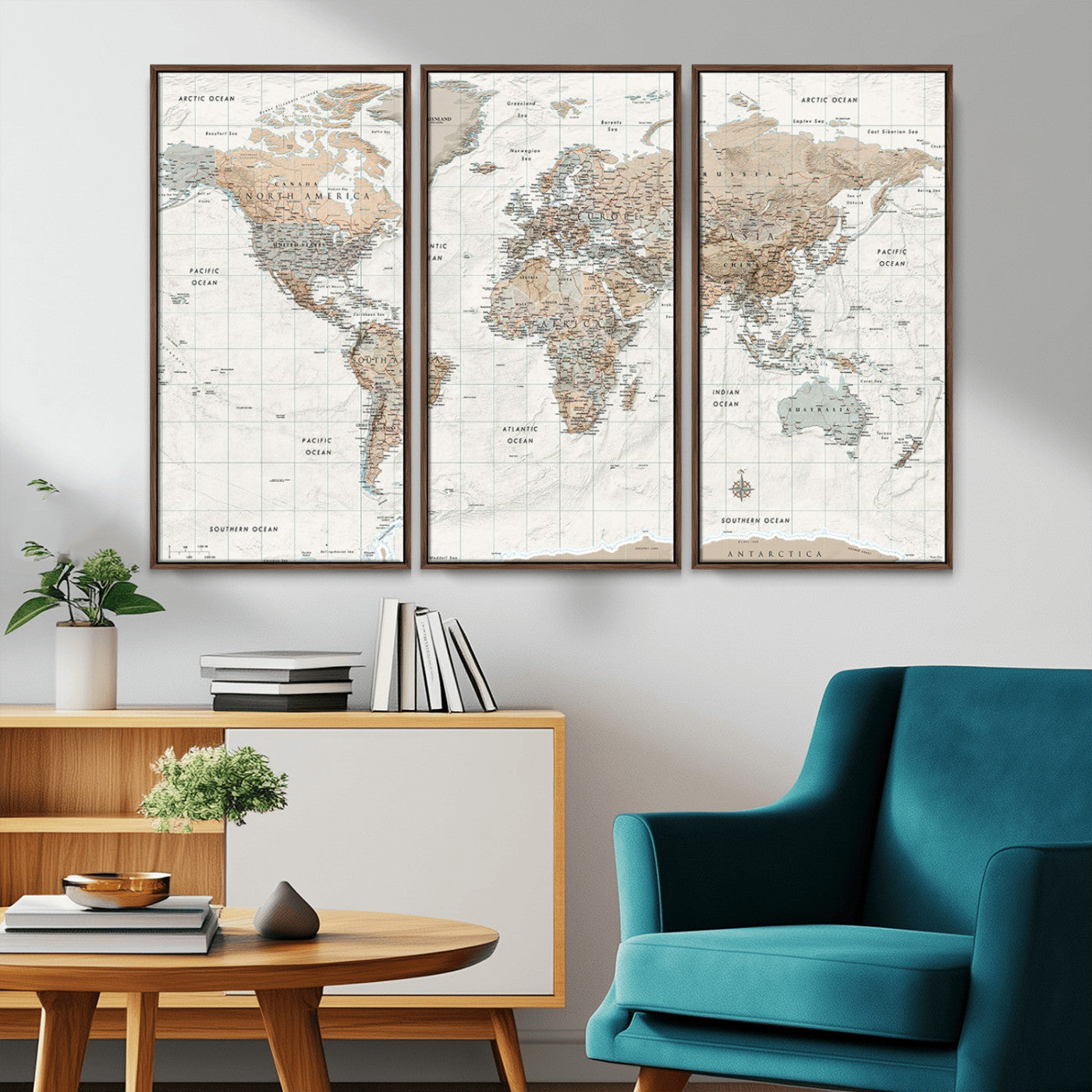 Vintage world map with detailed country borders and labels, featuring soft earthy tones of beige, brown, and gray on a textured parchment background, including oceans, continents, and major cities.