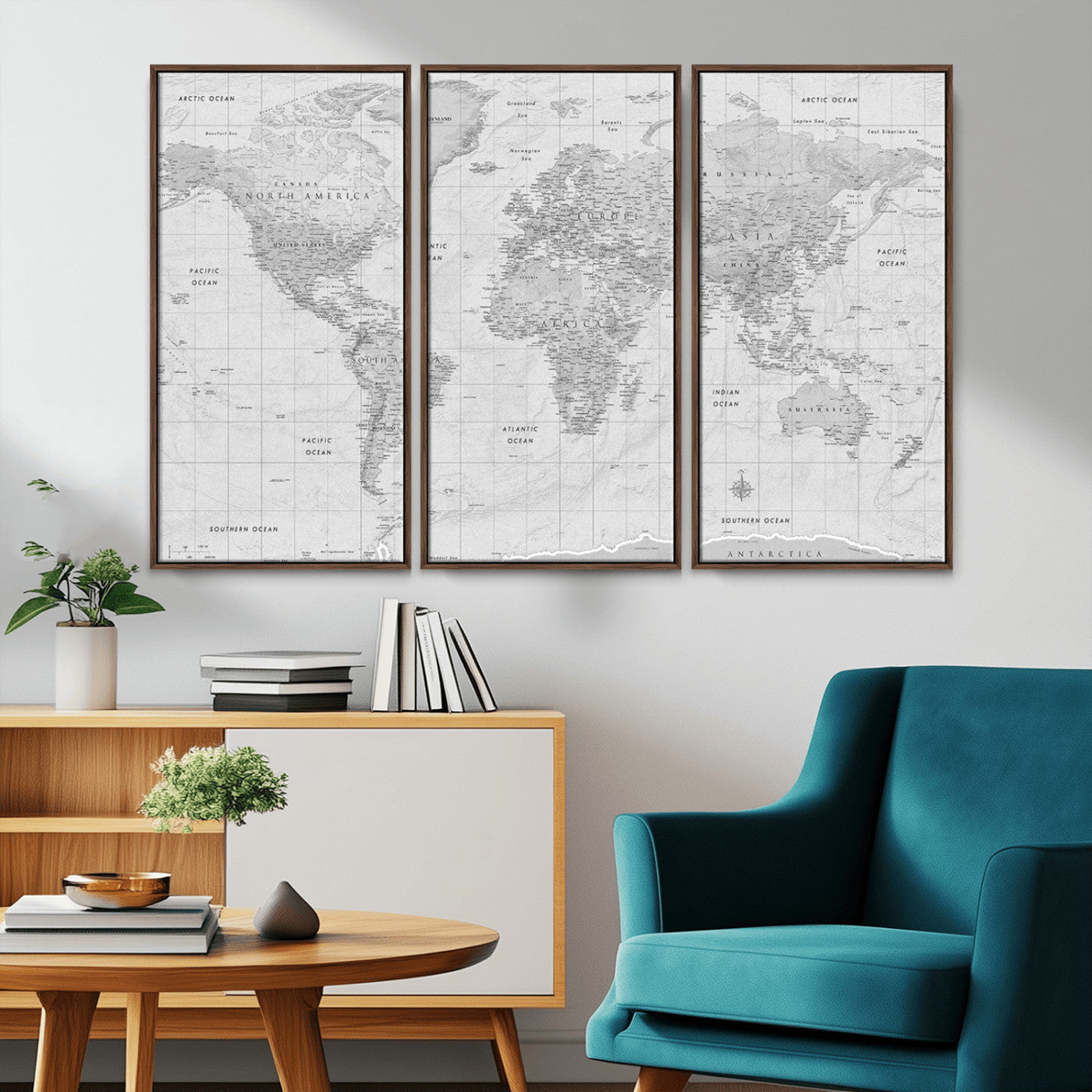 Grayscale vintage world map with detailed country borders, oceans, continents, and major cities on a textured parchment background.