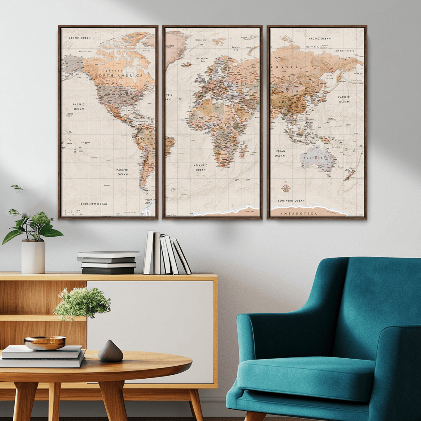 Detailed vintage world map with warm earth tones showing country borders, oceans, continents, and major cities, styled with a textured parchment background.