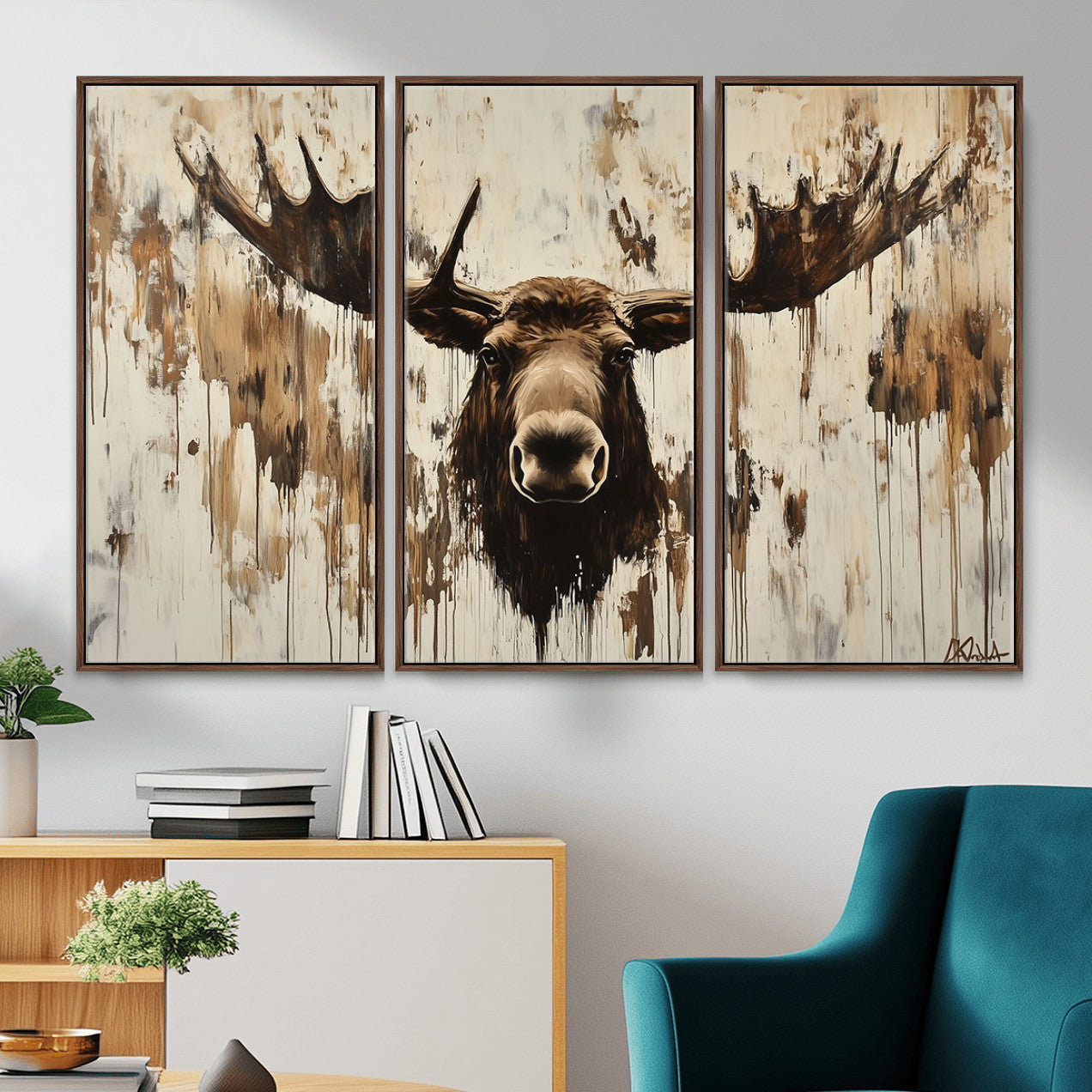 34496536-MGV-CV-36X24 - Powerful Moose Portrait Wall Art – Rich Earthy Tones, Expressive Brushstrokes, Striking Gaze, Raw Nature Vibes Decor for Home or Office