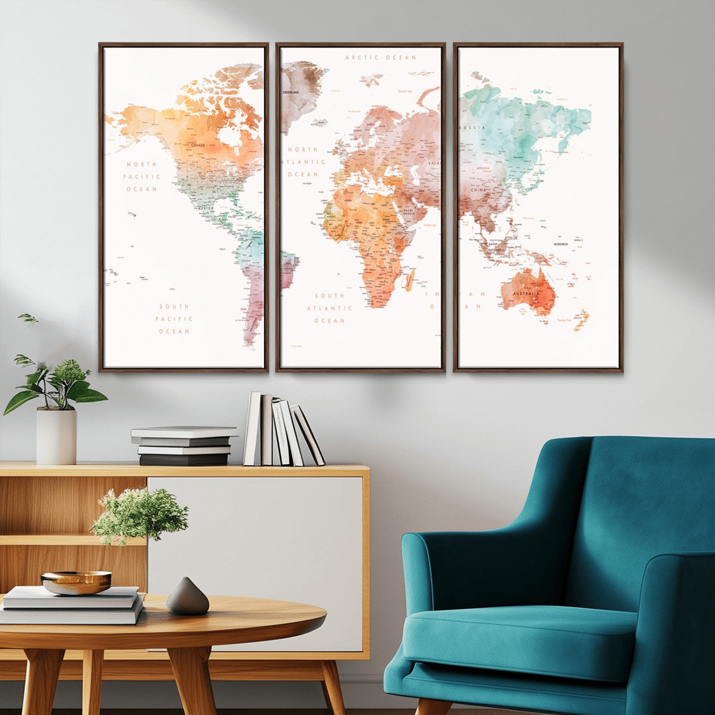 Watercolor world map featuring soft pastel hues in orange, green, blue, and purple on a light background, printed on canvas for vibrant and artistic wall decor.