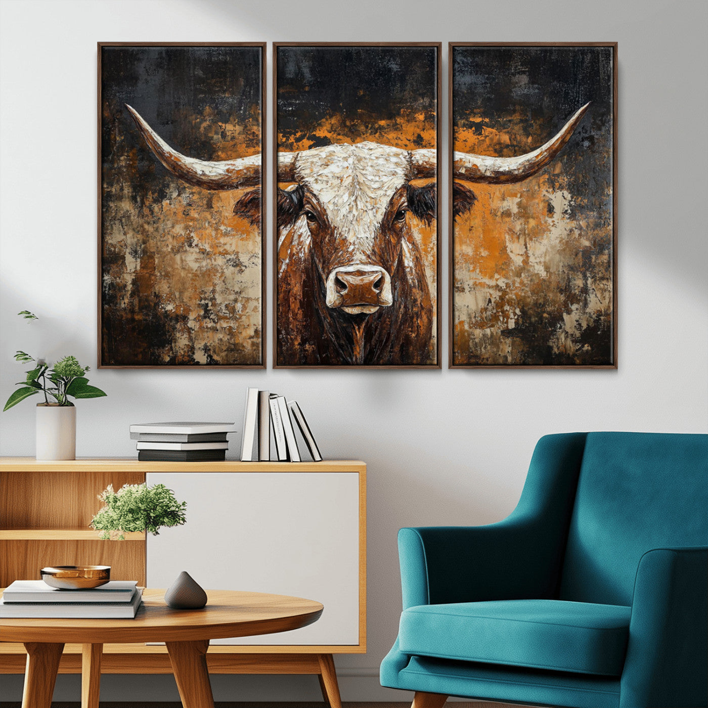 MGV-FC-48X32-3P - Rustic Longhorn Bull Wall Art Canvas Print – Vintage Western Cattle Painting, Texas Steer Artwork