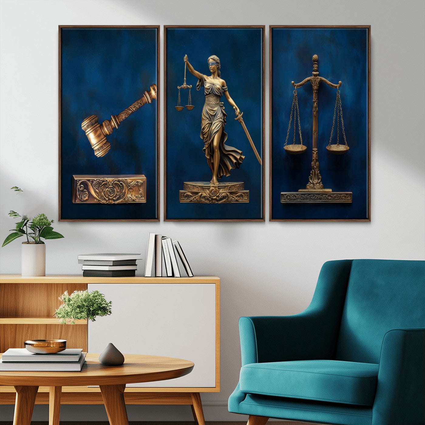 MGV-FC-48X32-3P - Lady Justice Wall Art Canvas Print – Elegant Gold Legal Symbols on Blue Background, Perfect for Law