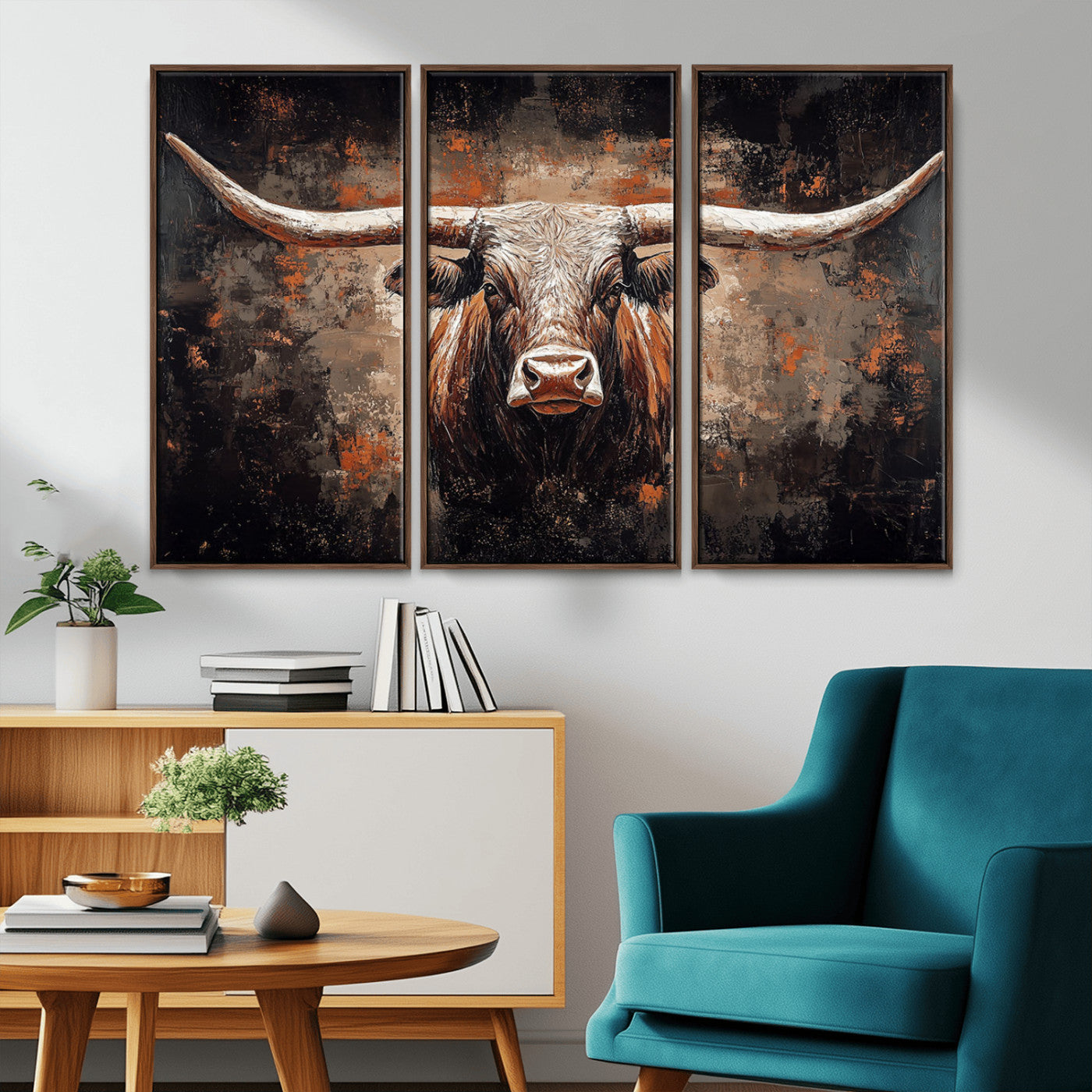 Rustic Longhorn Bull Wall Art Canvas Print – Vintage Western Cattle Painting, Texas Steer Artwork for Ranch, Farmhouse or Cowboy Decor
