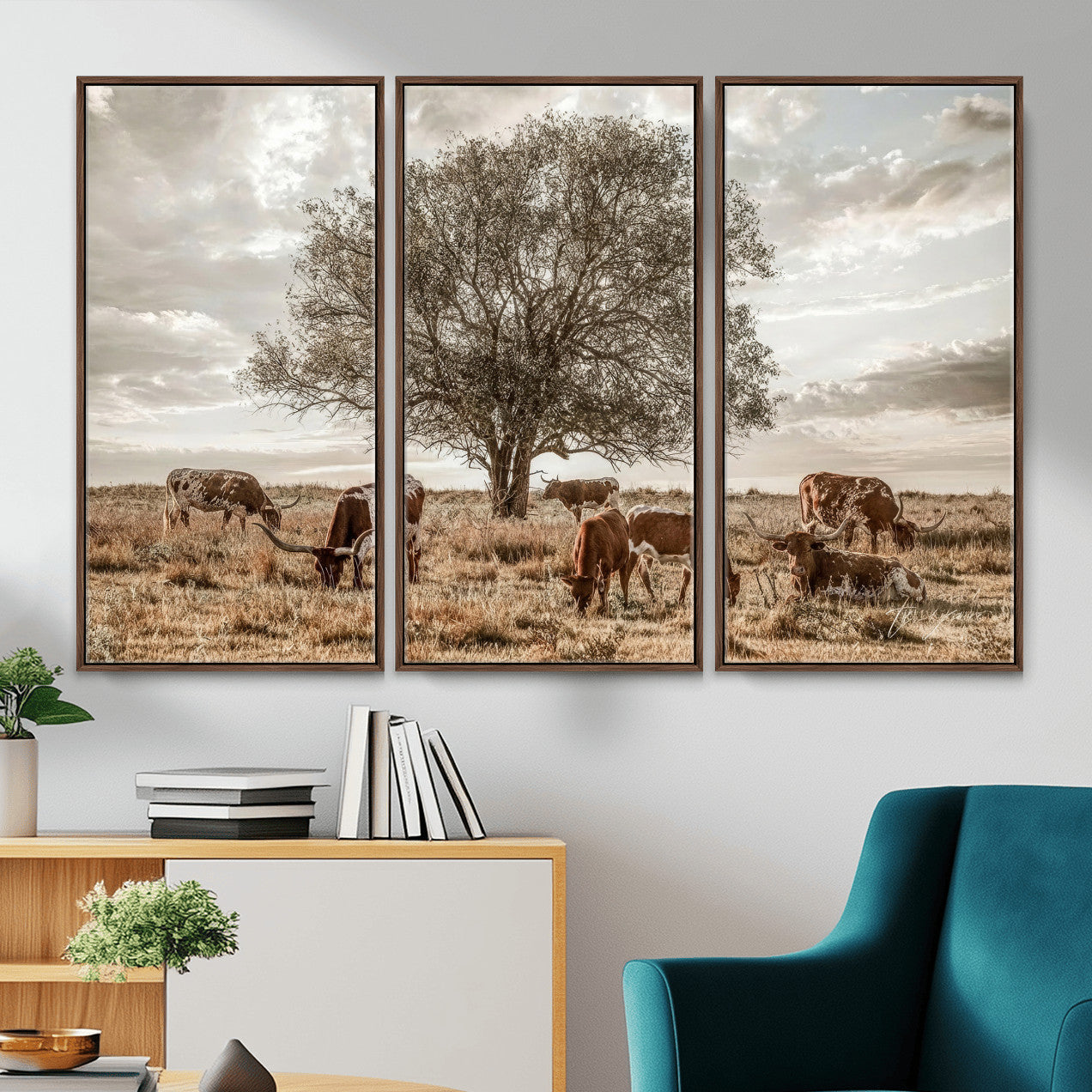 87590224-MGV-CV-36X24 - Texas Longhorn Cattle Wall Art Canvas Print – Rustic Western Ranch Scene with Steers at Sunset, Perfect for Farmhouse or Cowboy Decor