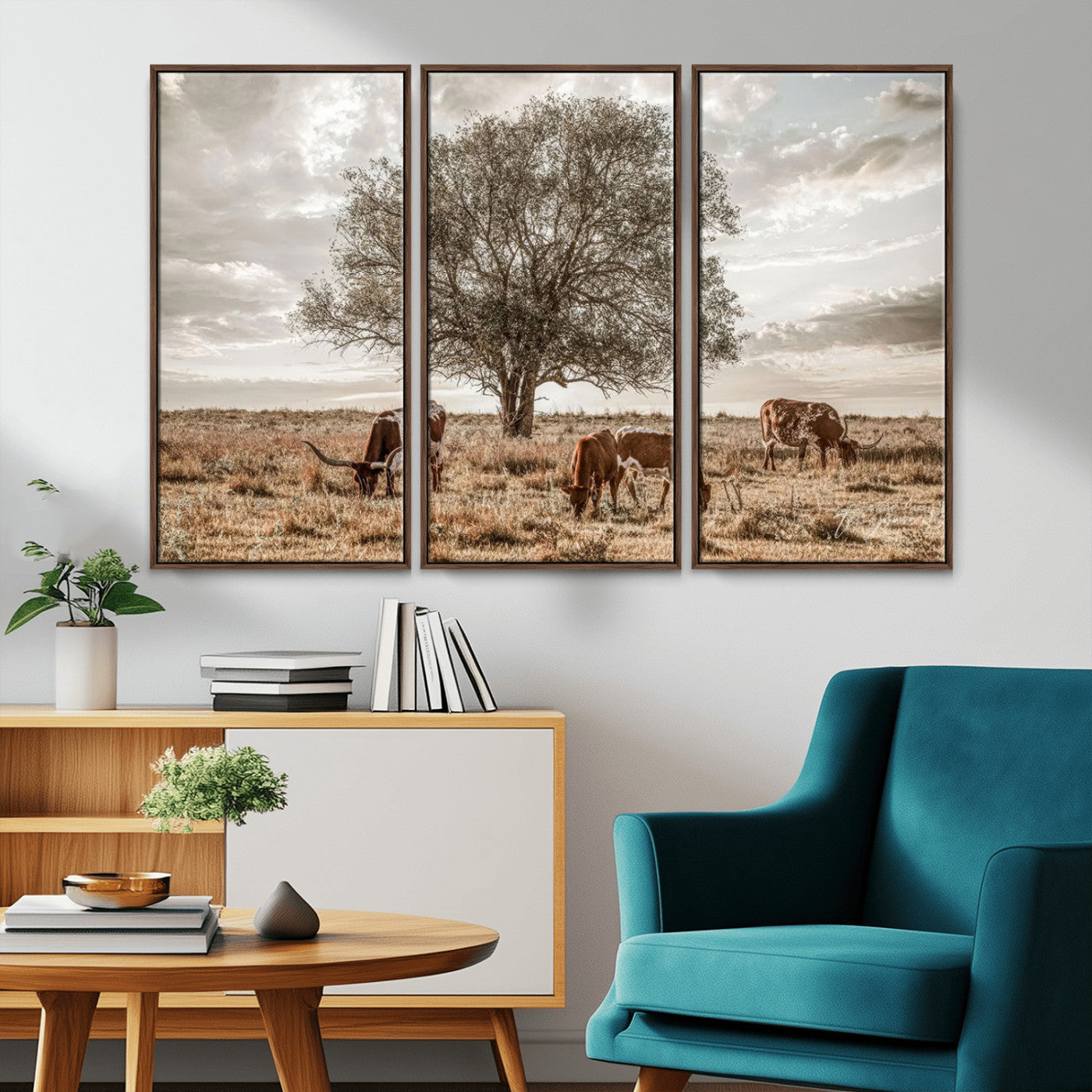 Texas Longhorn Cattle Wall Art Canvas Print – Rustic Western Ranch Scene with Steers at Sunset, Perfect for Farmhouse or Cowboy Decor
