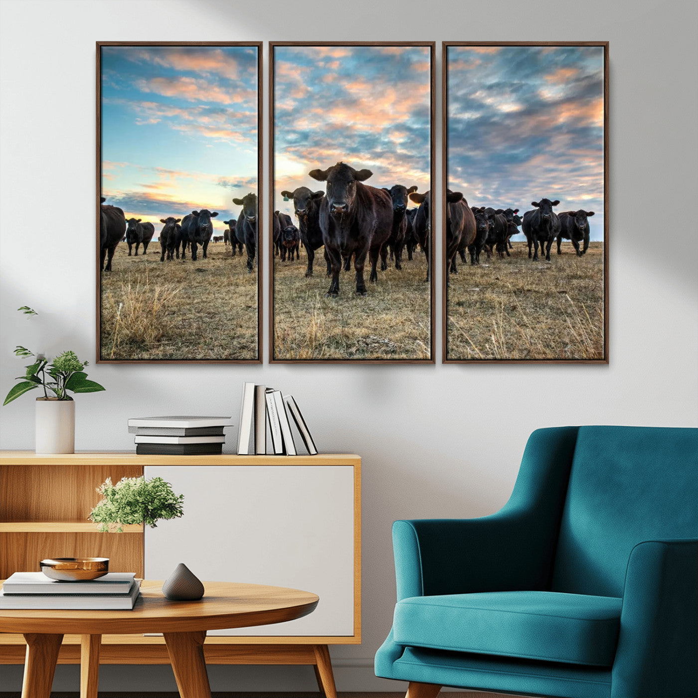 13867292-MGV-CV-36X24-Texas Longhorn Cattle Wall Art Canvas Print – Rustic Western Ranch Scene with Steers at Sunset, Perfect for Farmhouse or Cowboy Decor