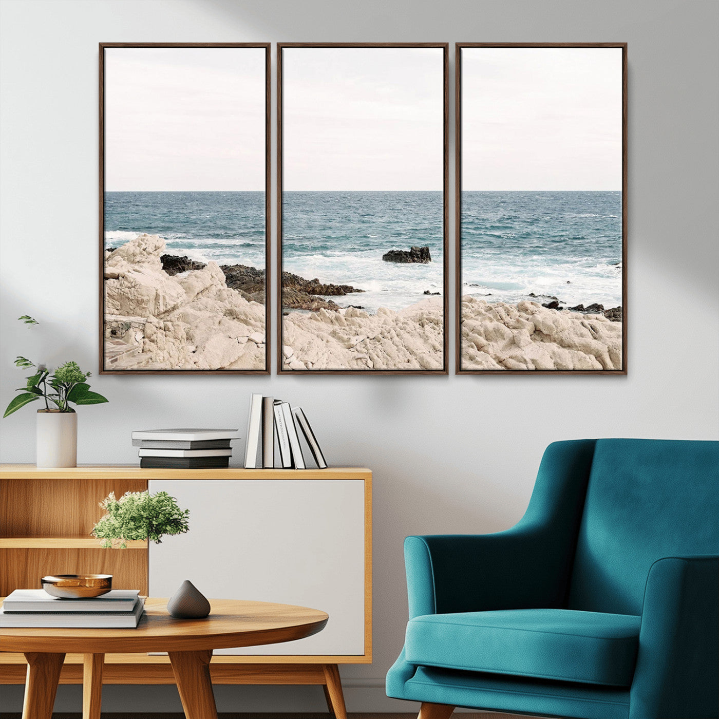 25481980-MGV-CV-36X24-Coastal Ocean View Wall Art Canvas Print – Serene Rocky Shoreline and Blue Sea Photography for Coastal Chic or Minimalist Home Decor