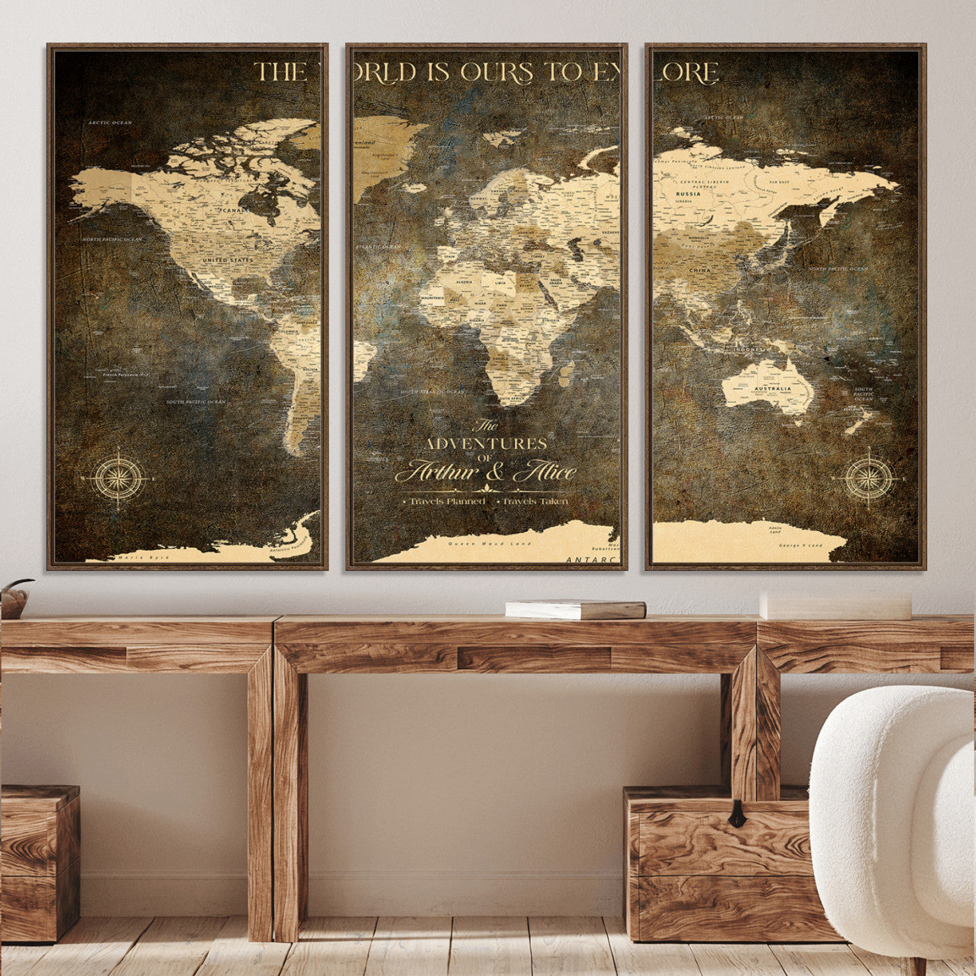 76675404-MGV-CV-36X24-Framed Push Pin World Travel Map – Canvas Wall Art for Tracking Adventures, Decorative Vintage Style Map with Pins for Home or Office - H1