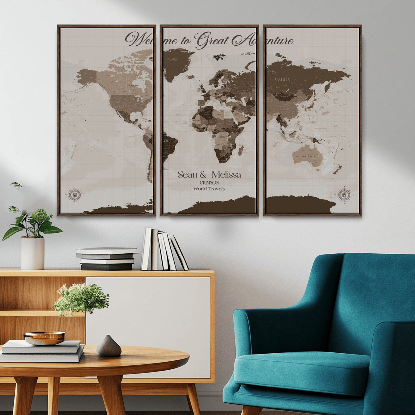 49871705-MGV-FC-60X40-3P_Walnut-Custom Push Pin World Map Wall Canvas Print – Personalized Travel Tracker with Pins – Framed Large Multi-Size Canvas for Home Office Decor