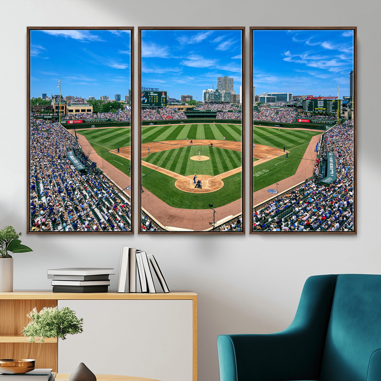35800083-MGV-FC-48X32-3P - Wrigley Field Baseball Stadium Canvas Wall Art – Packed Crowd Sports Stadium City Skyline Artwork for Home Office