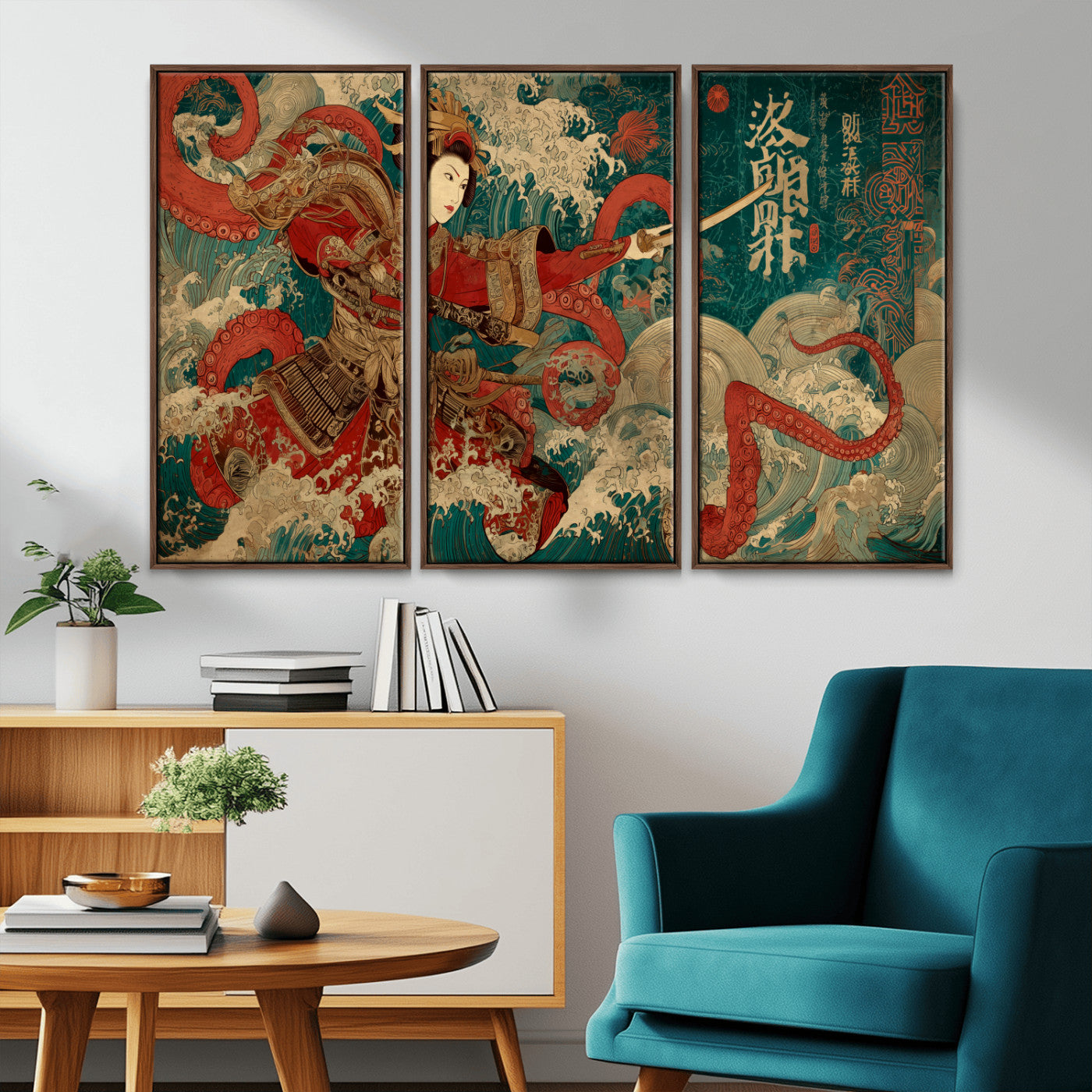 MGV-FC-48X32-3P - Tsukioka Yoshitoshi Samurai Wall Art Print, Japanese Katana Warrior Canvas Wall Art, Octopus Sea Monster Canvas Print,