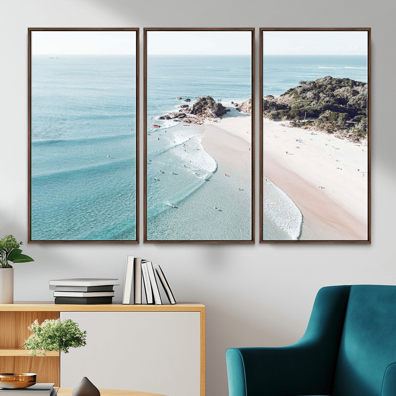 79395467-MGV-CV-36X24 - Aerial Beach Wall Art Canvas Print, Coastal Ocean Waves and Surfers Scenic Seaside Artwork for Home, Office Decor