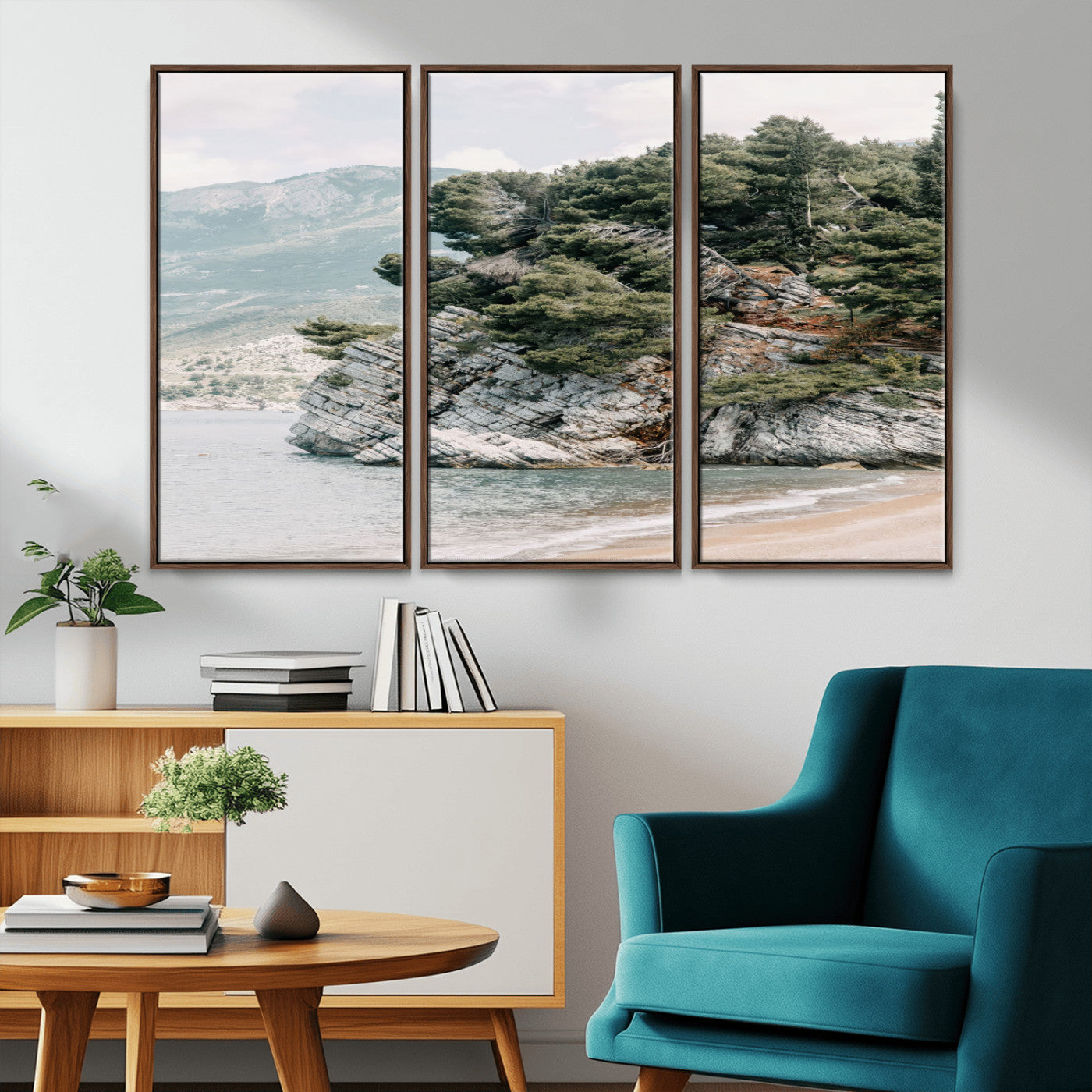 MGV-FC-48X32-3P - Coastal Rock Canvas Wall Art Print, Scenic Beach Landscape, Pine Trees on Rocky Cliff, Large Nature