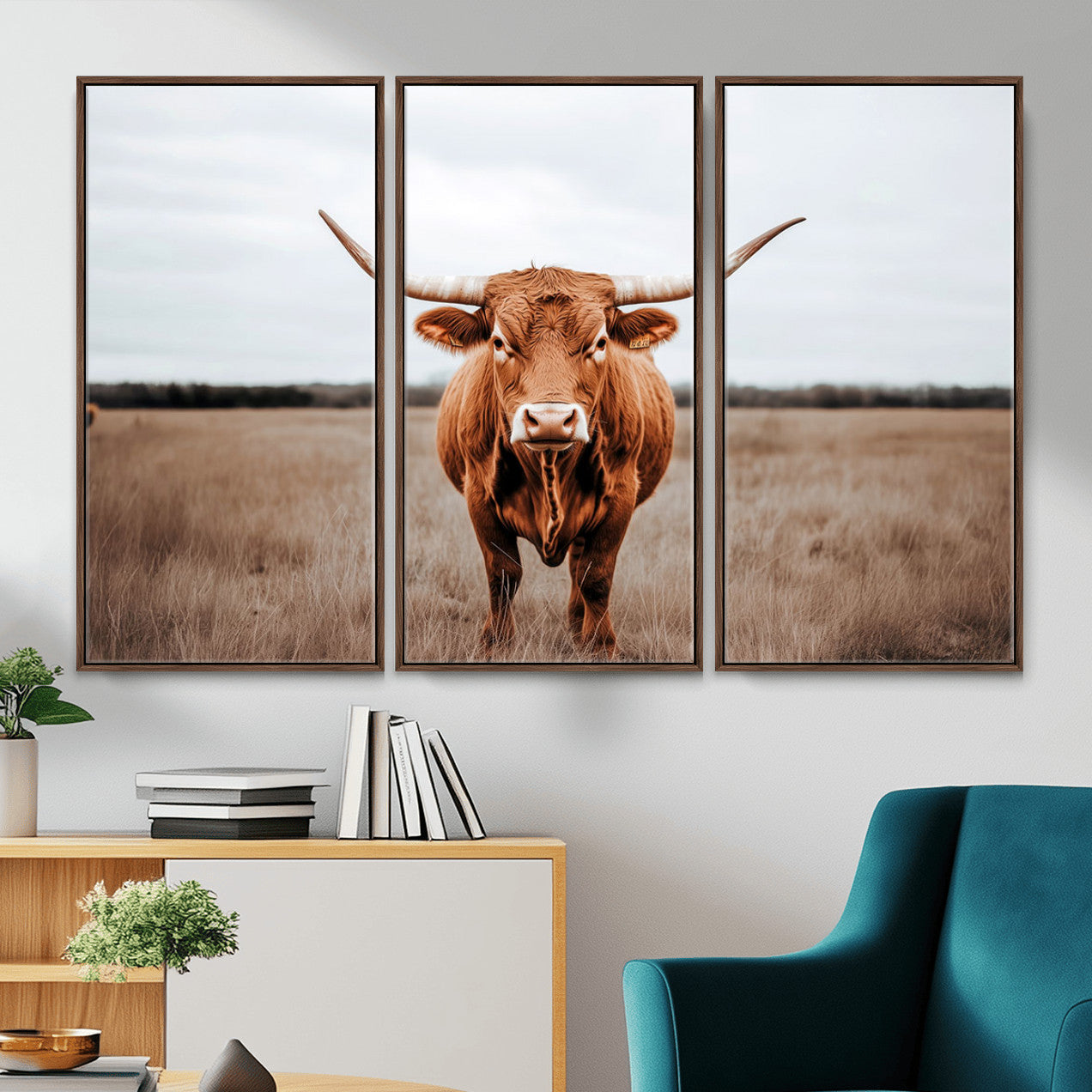 16316734-MGV-FC-48X32-3P - Longhorn bull, open field, rustic charm, natural beauty, Wall Art Canvas Print, countryside,