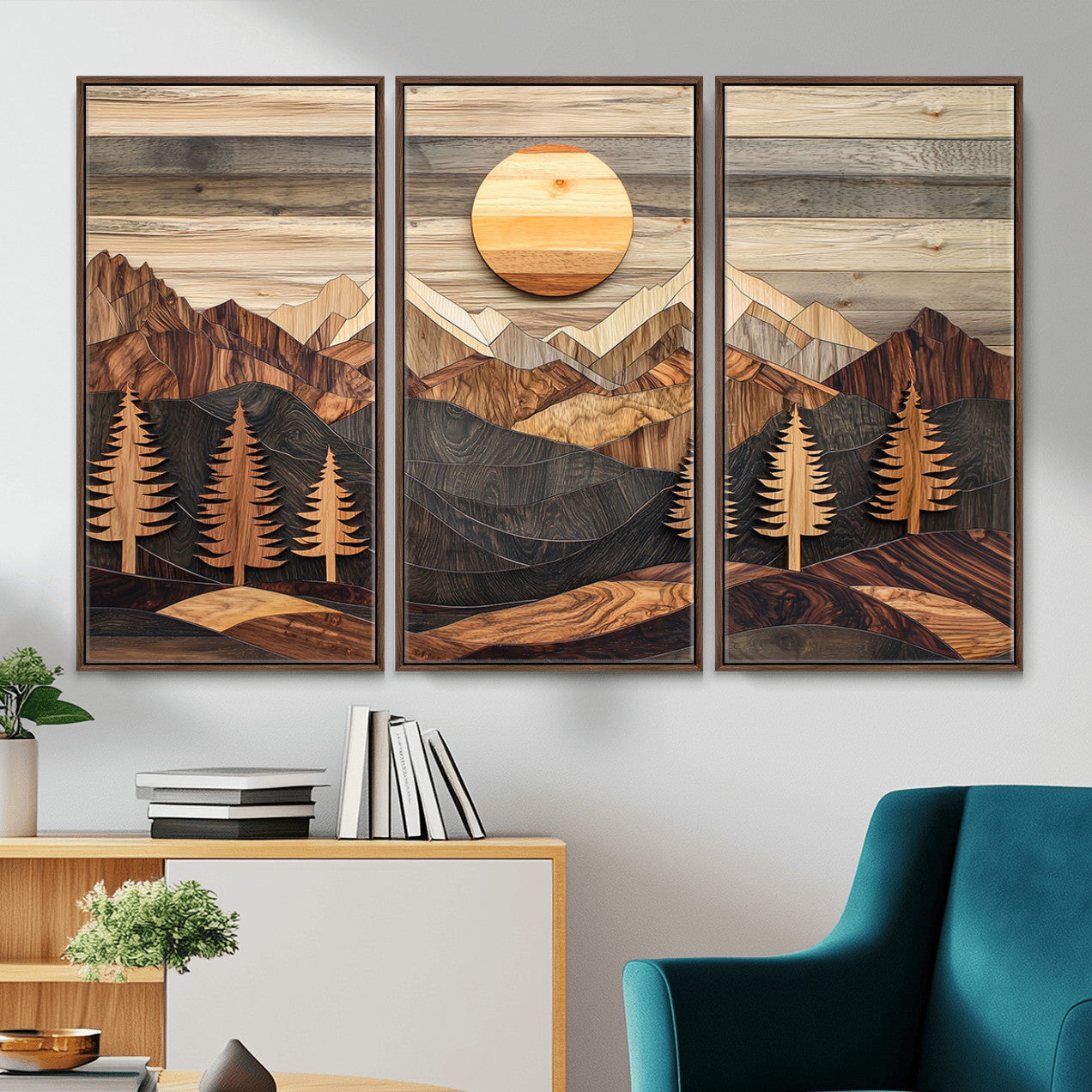 19832326-MGV-FC-48X32-3P - Wooden Mountain Landscape Layered Texture Geometric Shapes Sun Pine Trees Rustic Natural Tones Art