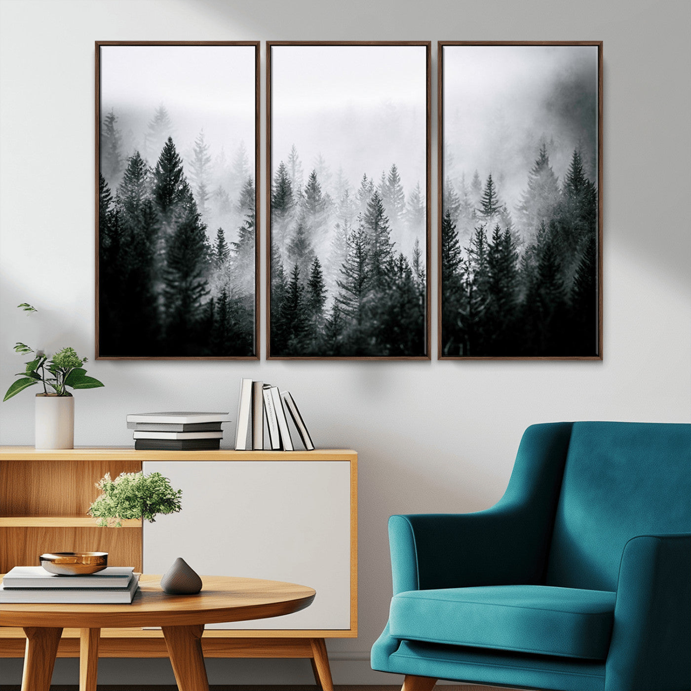 MGV-FC-48X32-3P - Foggy Pine Forest Canvas Wall Art – Black and White Nature Landscape Print, Horizontal Canvas for