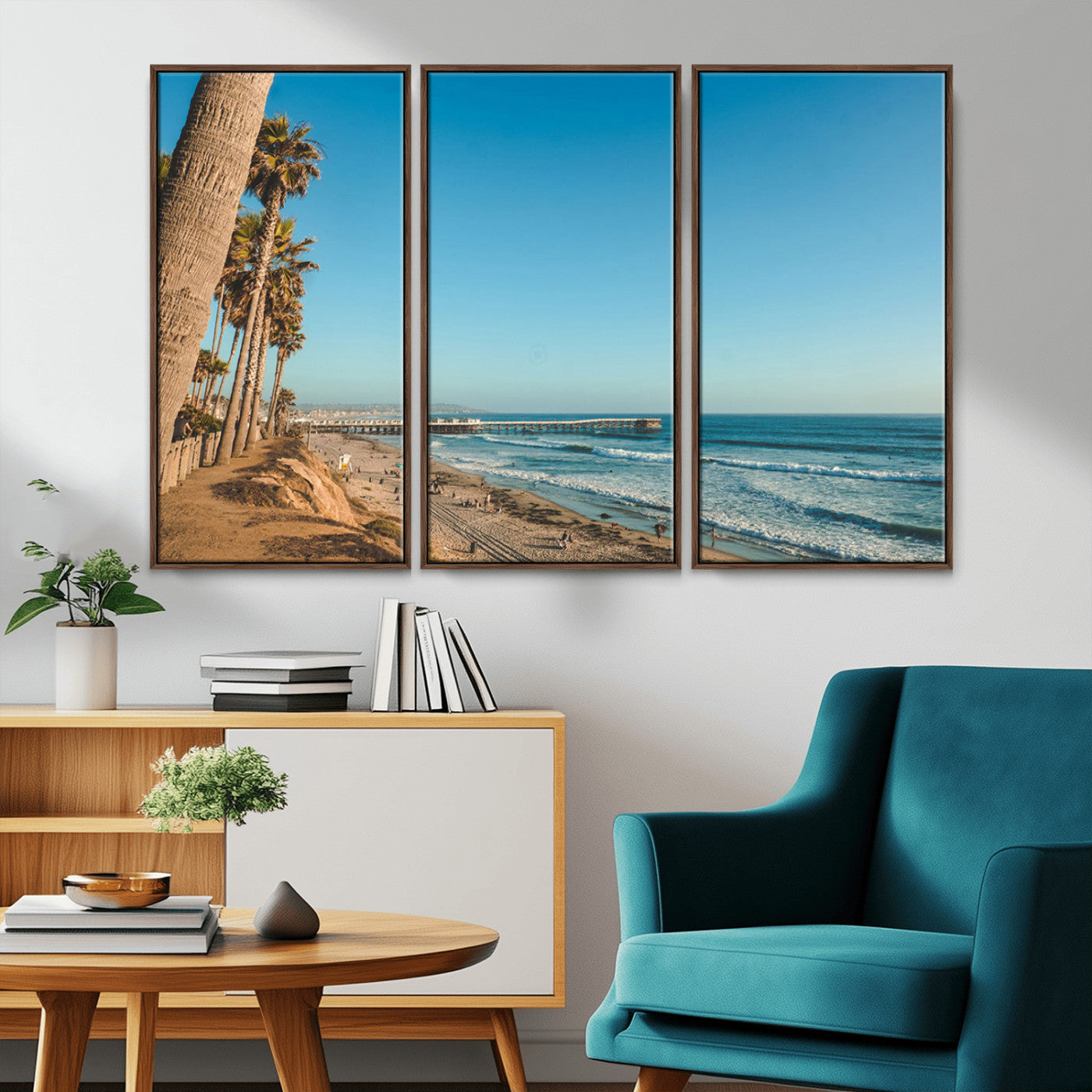 MGV-FC-48X32-3P - Scenic Beach with Tall Palm Trees, Sandy Shore, and Long Pier Stretching into the Calm Ocean Under