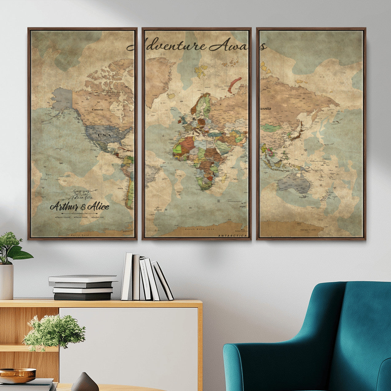 MGV-FC-48X32-3P - Personalized World Map Wall Art Canvas Print – Custom Push Pin Travel Map for Couples, Families, or Office Décor