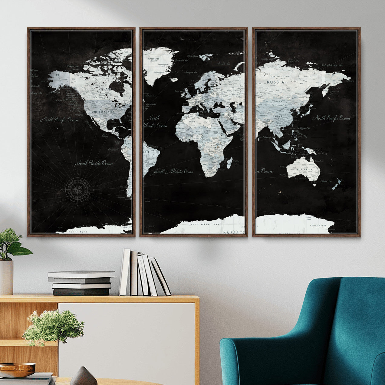 30759283-MGV-FC-48X32-3P - World Map Wall Art Canvas Print, Modern Decorative Framed Map Artwork Prints for Living Room, Office, Bedroom Wall Decor