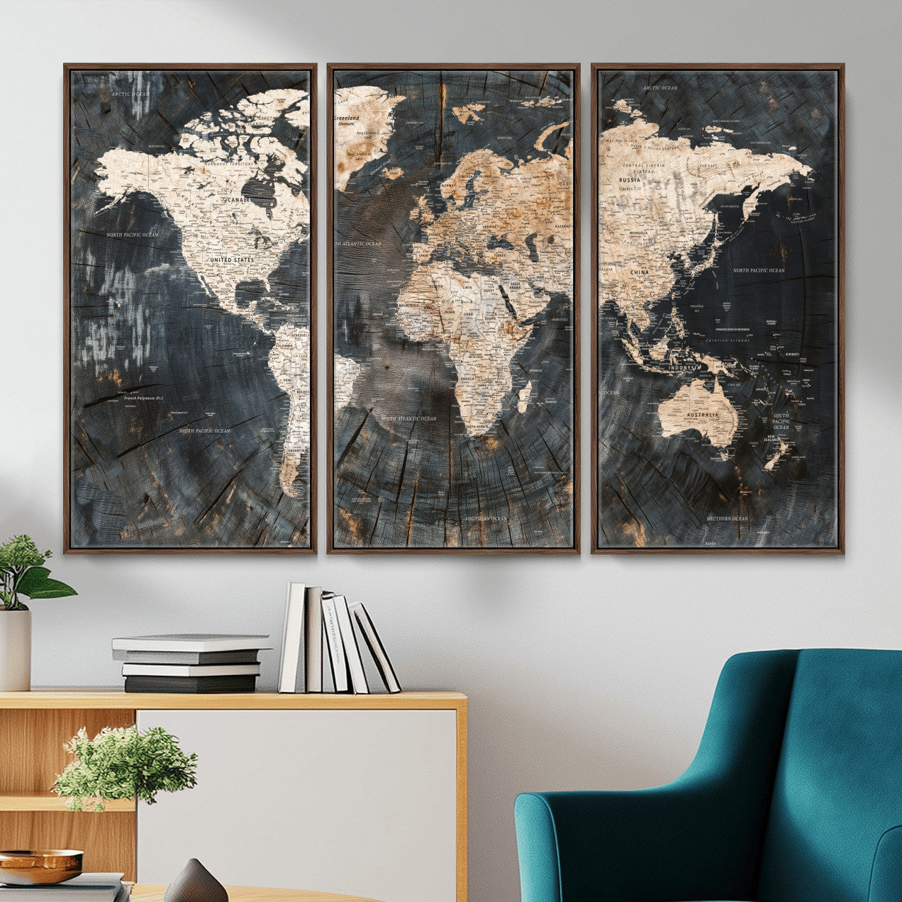 57626704-MGV-FC-48X32-3P - World Map Wall Art Canvas Print, Modern Decorative Framed Map Artwork Prints for Living Room, Office, Bedroom Wall Decor