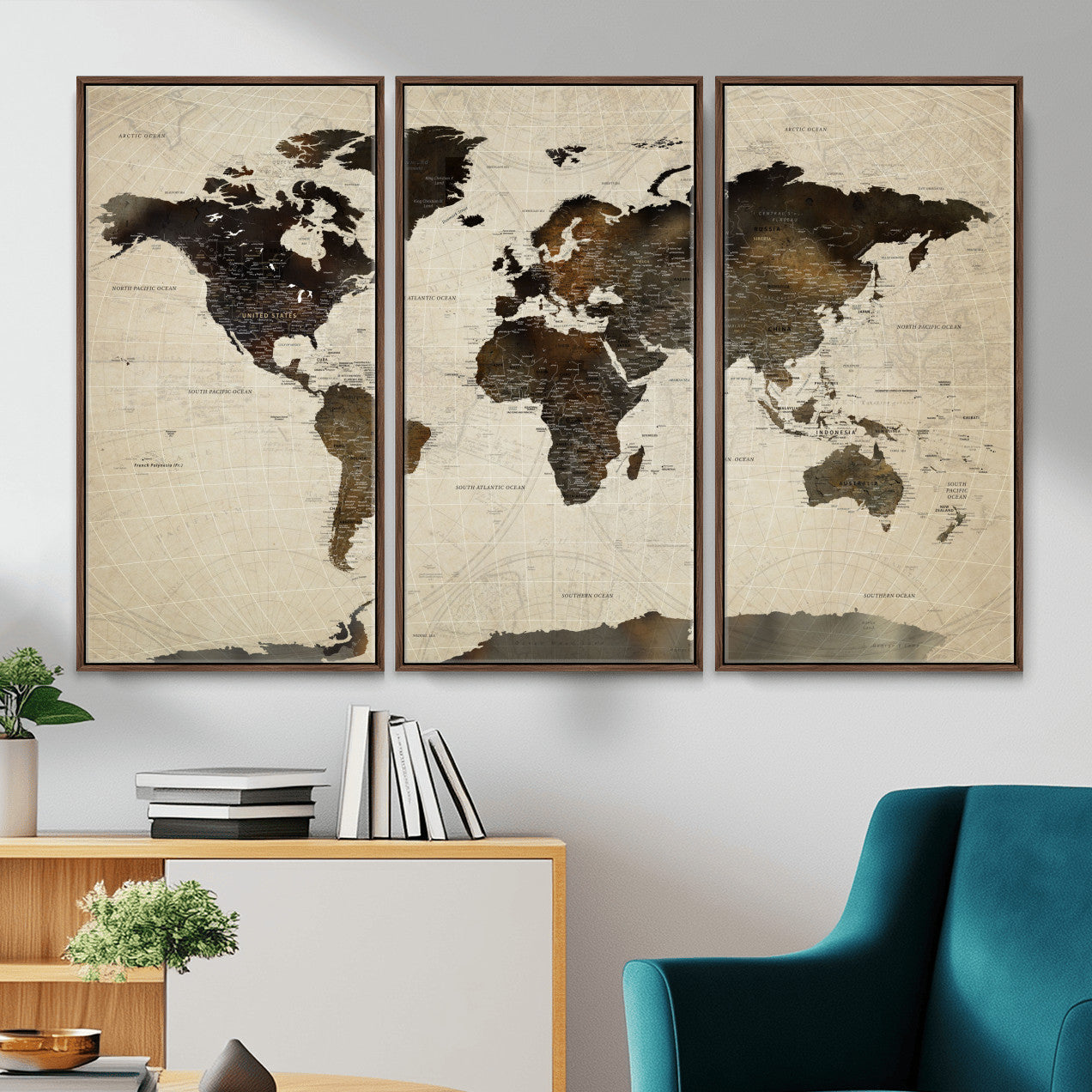 81771296-MGV-FC-48X32-3P - World Map Wall Art Canvas Print, Modern Decorative Framed Map Artwork Prints for Living Room, Office, Bedroom Wall Decor