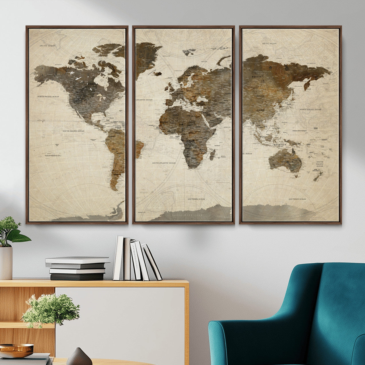 91849163-MGV-FC-48X32-3P - World Map Wall Art Canvas Print, Modern Decorative Framed Map Artwork Prints for Living Room, Office, Bedroom Wall Decor