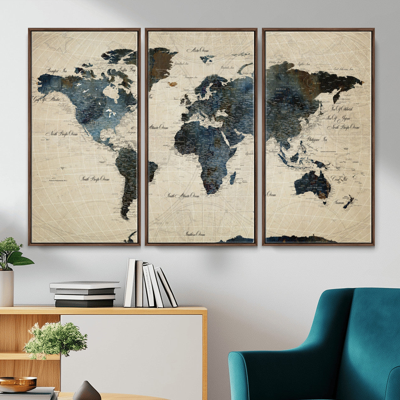 33438443-MGV-FC-48X32-3P - World Map Wall Art Canvas Print, Modern Decorative Framed Map Artwork Prints for Living Room, Office, Bedroom Wall Decor