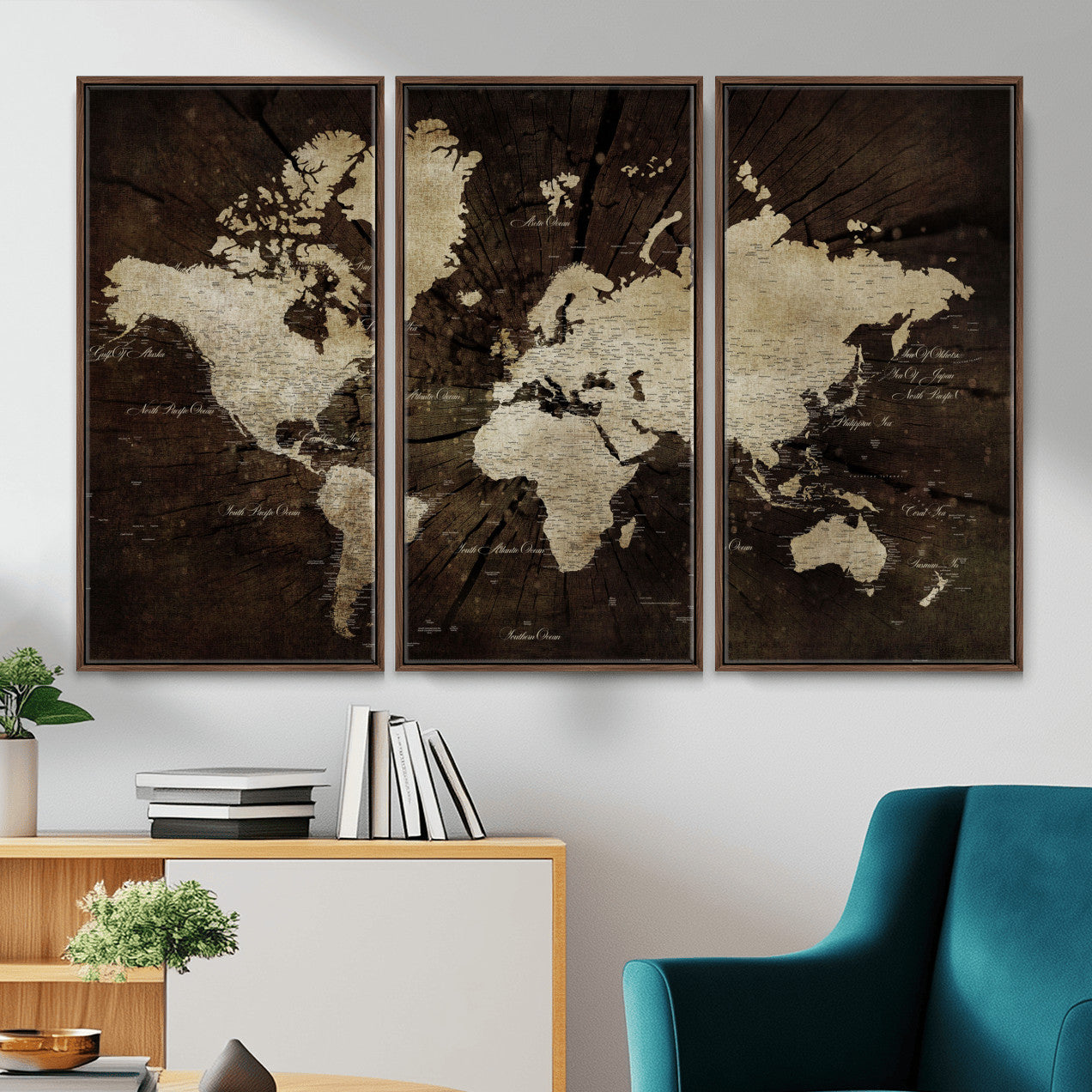 24010397-MGV-FC-48X32-3P - World Map Wall Art Canvas Print, Modern Decorative Framed Map Artwork Prints for Living Room, Office, Bedroom Wall Decor