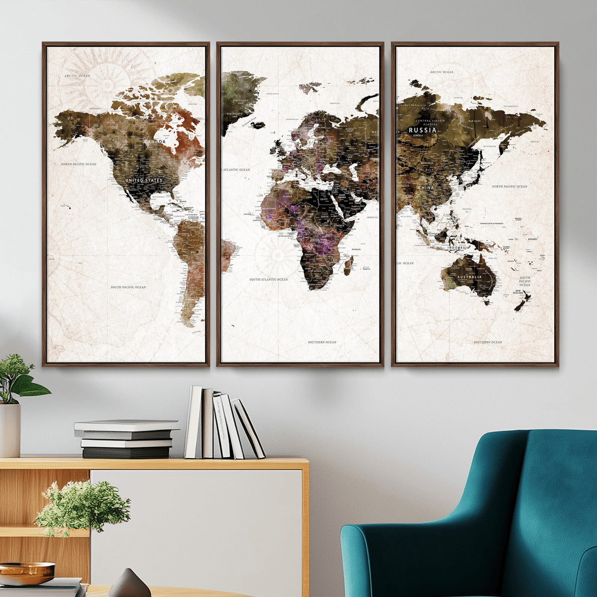 77651968-MGV-CV-36X24 - Watercolor World Map Print - Large Wall Art Canvas Print for