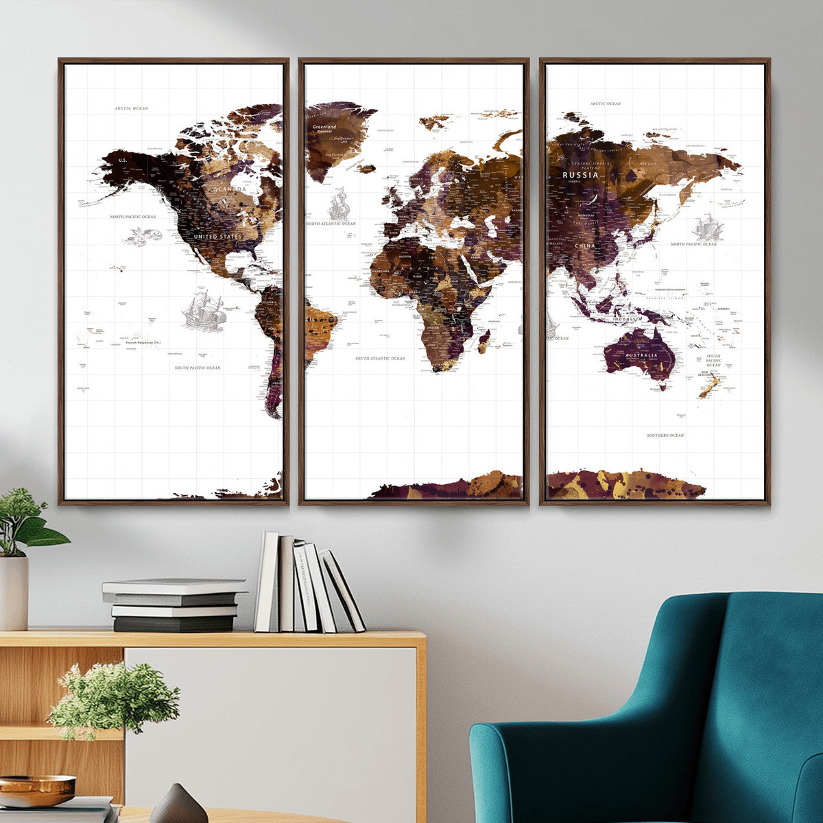 34792695-MGV-CV-36X24 - Rustic World Map Wall Art Canvas Print | Large Vintage Blue World Map on Wood Grain Style Background