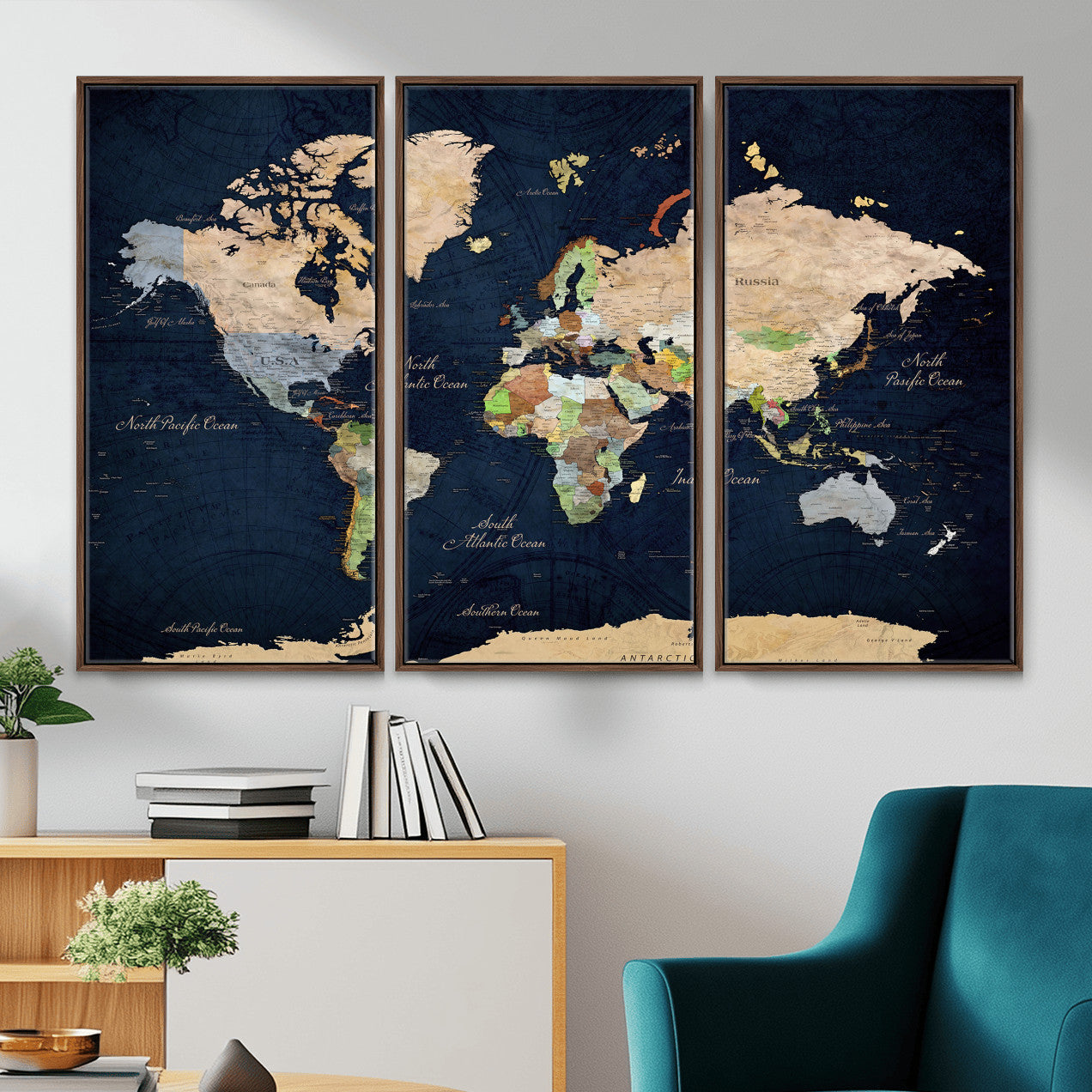 76603563-MGV-CV-36X24 - World Map Wall Art Canvas Print, Modern Decorative Framed Map Artwork Prints for Living Room, Office, Bedroom Wall Decor