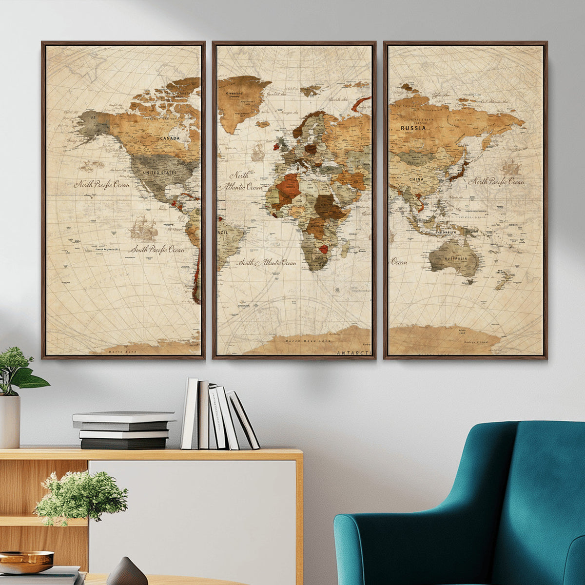29684537-MGV-CV-36X24 - Vintage World Map Canvas Print, Framed Rustic Detailed Map of the World, Explorer Decor