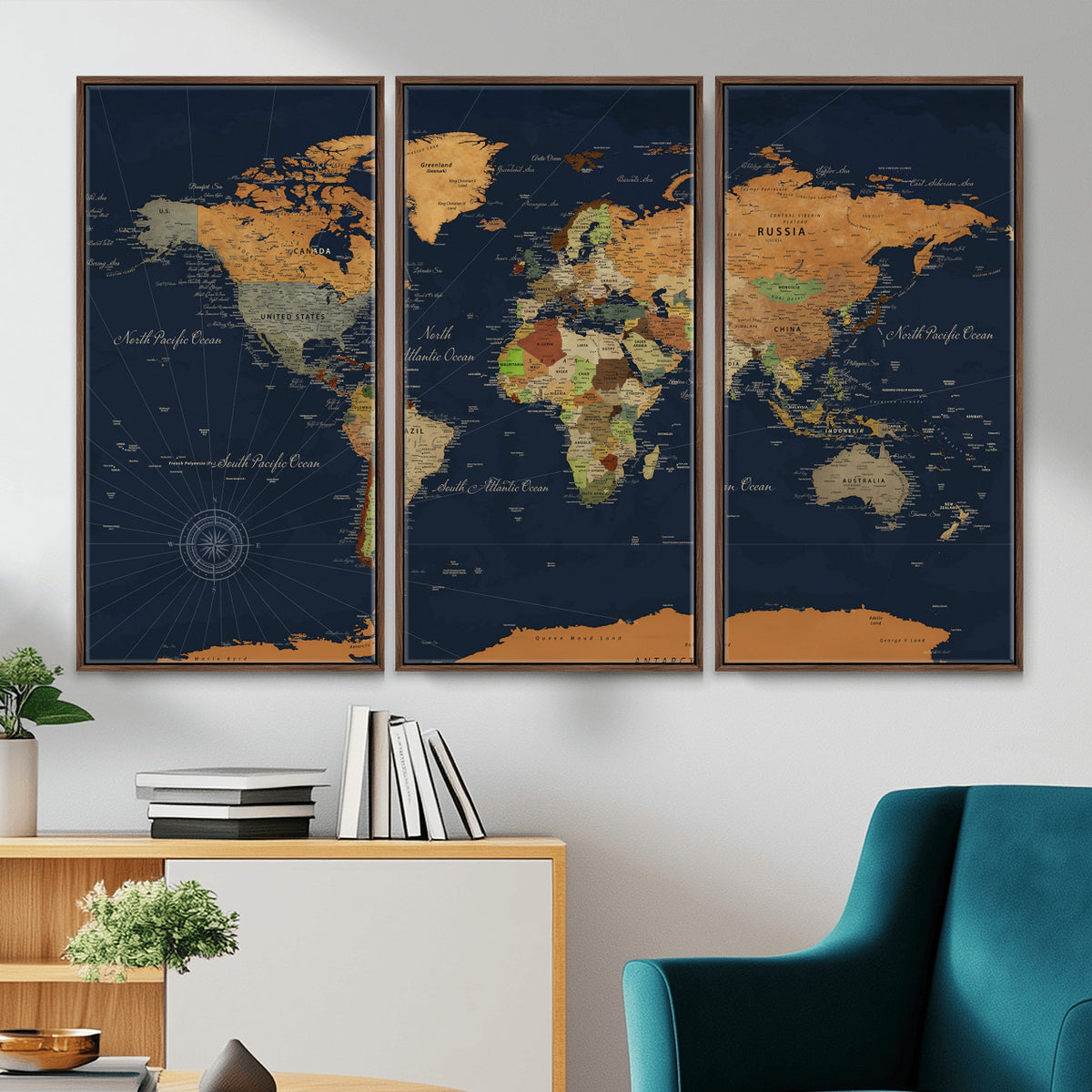 11715182-MGV-CV-36X24 - Modern World Map Canvas Print, Framed Detailed Map of the World Wall Art